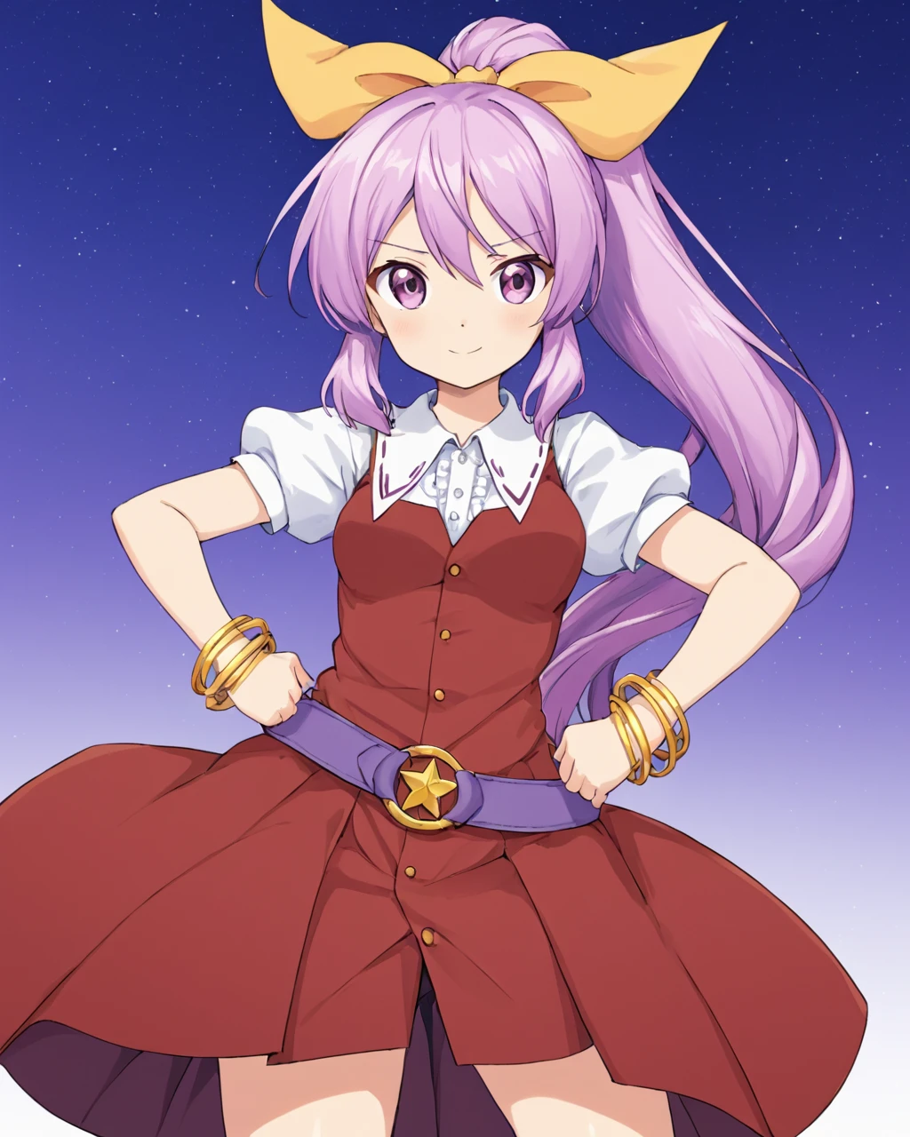 watatsuki no yorihime,1girl, solo, ponytail, traditional_media, belt, red_dress, looking_at_viewer, open_mouth, puffy_short_sleeves, bracelet, smile, hair_bow, hands_on_hips, hair_ribbon, white_shirt
<lora:watatsuki_no_yorihime_image737_2023-12-20:1>,star-shaped_pupils,symbol-shaped_pupils,. gorgeous,key visual, vibrant, studio anime,award-winning, professional, highly detailed,high budget, cinemascope