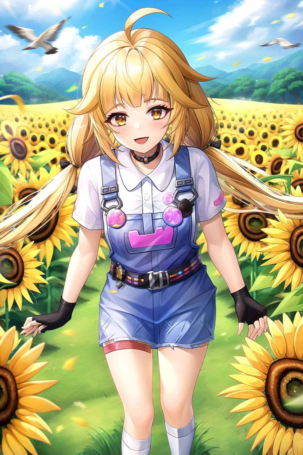 <lora:shirli_x_nemesis_lora:1.0> masterpiece, best quality, absurdres, high quality, best quality, ultra high res, 1girl, solo, shirli, ahoge, blonde hair, long hair, twintails, low twintails, yellow eyes, overalls, overall skirt, belt, shirt, collared shirt, white shirt, short sleeves, choker, black choker, cat choker, fingerless gloves, black gloves, ribbed legwear, socks, white socks, bandaid on leg, bandaid, happy, smile, eyelashes, full body, from above, looking at viewer, outdoors, sunflower field, nature, day, depth of field, wind, floating hair,