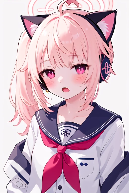 best quality, masterpiece, highres, solo, {youniaonatsu:1.15}, halo, pink_hair, long_hair, side_ponytail, ahoge, red_eyes, blush, bangs, serafuku, hair_ornament, 1girl, animal_ear_headphones, animal_ears, blonde_hair, blue_necktie, bow, cat_ear_headphones, fake_animal_ears, hair_bow, headphones, jacket, necktie, shirt, collared_shirt, momoi_\(blue_archive\), short_hair, white_shirt, open_mouth, pink_eyes, simple_background