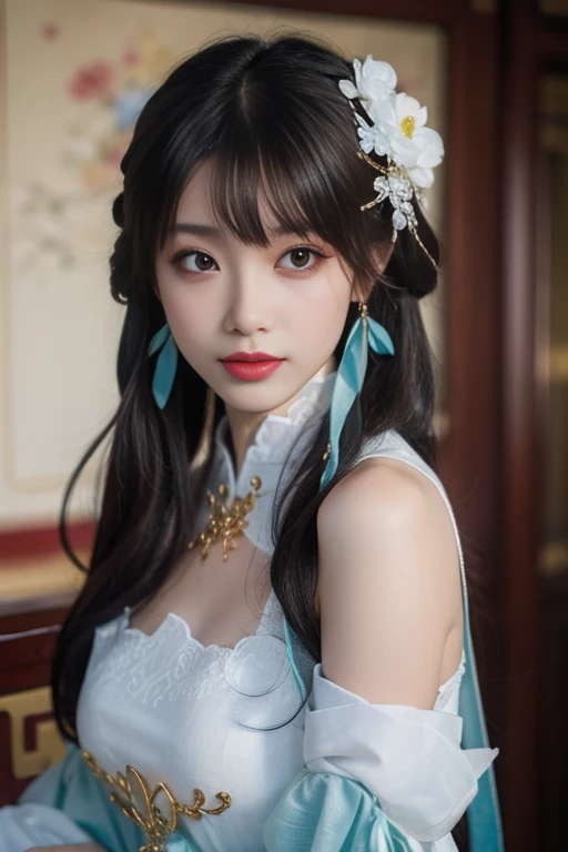 ltra-detailed,highly detailed,best quality,masterpiece,illustration,realistic,photorealistic,
suwen, 1girl, solo, cosplay,
hanfu,chinese clothes, necklace, bare shoulders, detached sleeves, long sleeves, detached collar,
hair ornament, hair ribbon, hair flower, jewelry,
long hair, brown hair, bangs,
looking at viewer,
photo background,east asian architecture,
<lora:suwen_06:0.6>