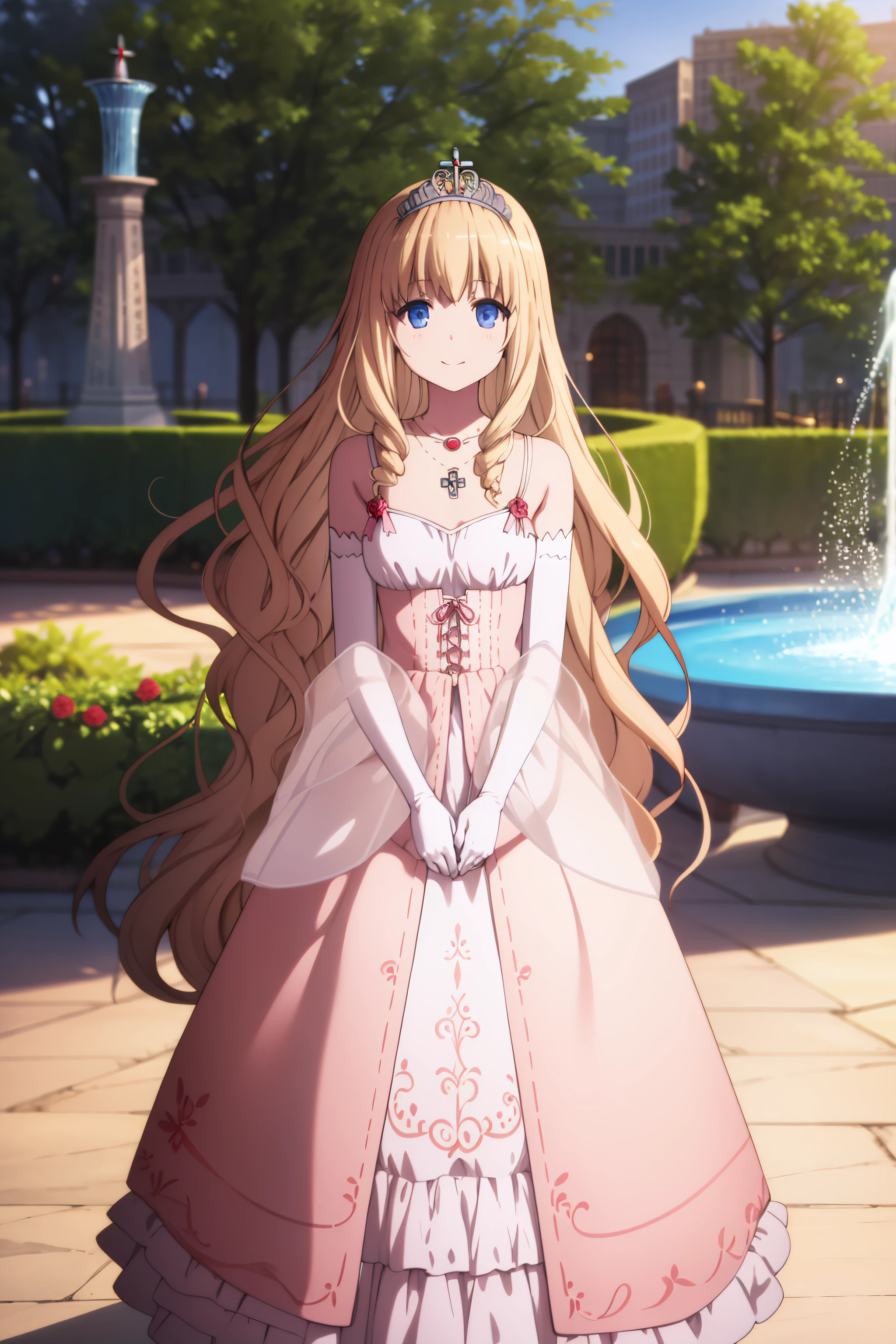best quality, masterpiece, detailed,
<lora:AmagiBrilliantPark_LatifaFleuranza:0.8>, LatifaFleuranza,
solo, light smile,
blonde hair, blue eyes, very long hair, tiara,
LatifaDress, pink dress, bare shoulders, elbow gloves, necklace,
standing, looking at the viewer, full body,
(day:1.2), garden, (fountain:1.3)