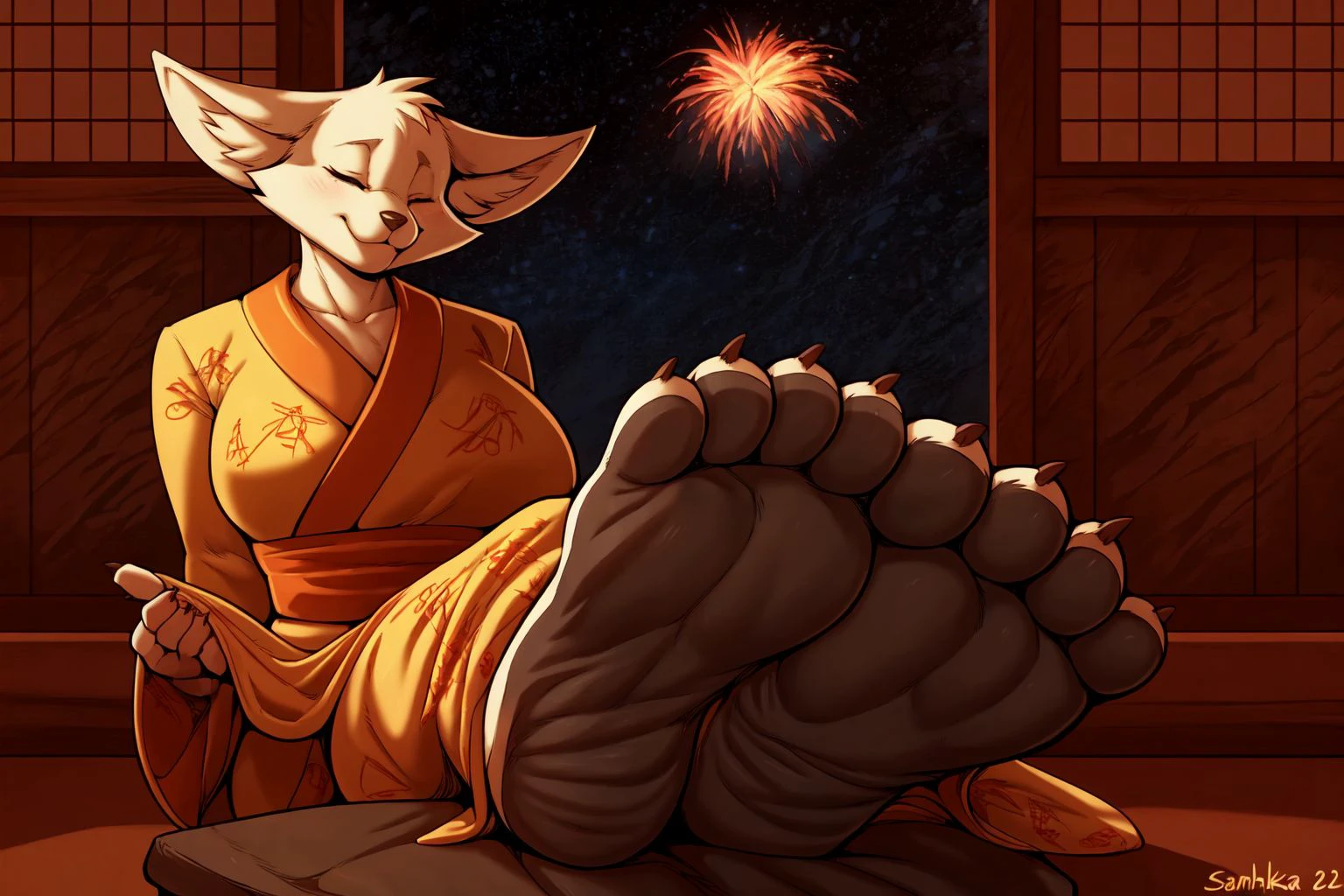 ((masterpiece)), uploaded on e621, best quality, 1girl, solo,  (fox kitsune, anthro, close eyes, tail, foot focus, giant humanoid very perfect sexy beautiful long feet, 5 toes, black soles), sitting on the chair, face focus, japanese clothing, (japan, detailed background, 4k, 2k, cinematic, movie, ultra hd, anime, manga), ([:by Sandra Chevrier, by Katsushika Hokusai, by Lawyerdog, by Alphonse Mucha:0.25]), (night, dark, New Year's Eve, many fireworks in the sky:1.3, outside, 2024 years, happy, celebrated, dance)   <lora:KimotaV1.2:0.7>