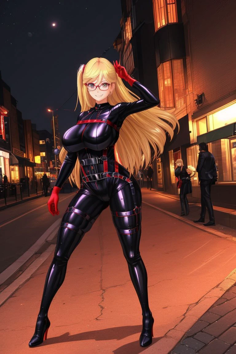 high resolution, masterpiece, high quality, perfect face, <lora:Shizuru-Spysuit:.8> Shizuru, (black spysuit), body harness, red gloves, glasses, blonde hair, large breasts, seductive smile, city streets at night time, extremely glossy