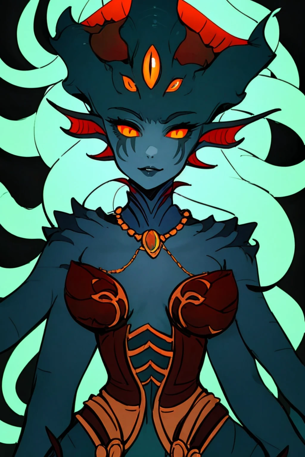 (high quality, detailed),
1girl, perfect face,
Naga Azshara, colored skin, grey skin, multiple eyes, orange eyes, tentacle hair, jewelry, corset, dark background, 
 <lora:Queen_Azshara_Naga:0.8>