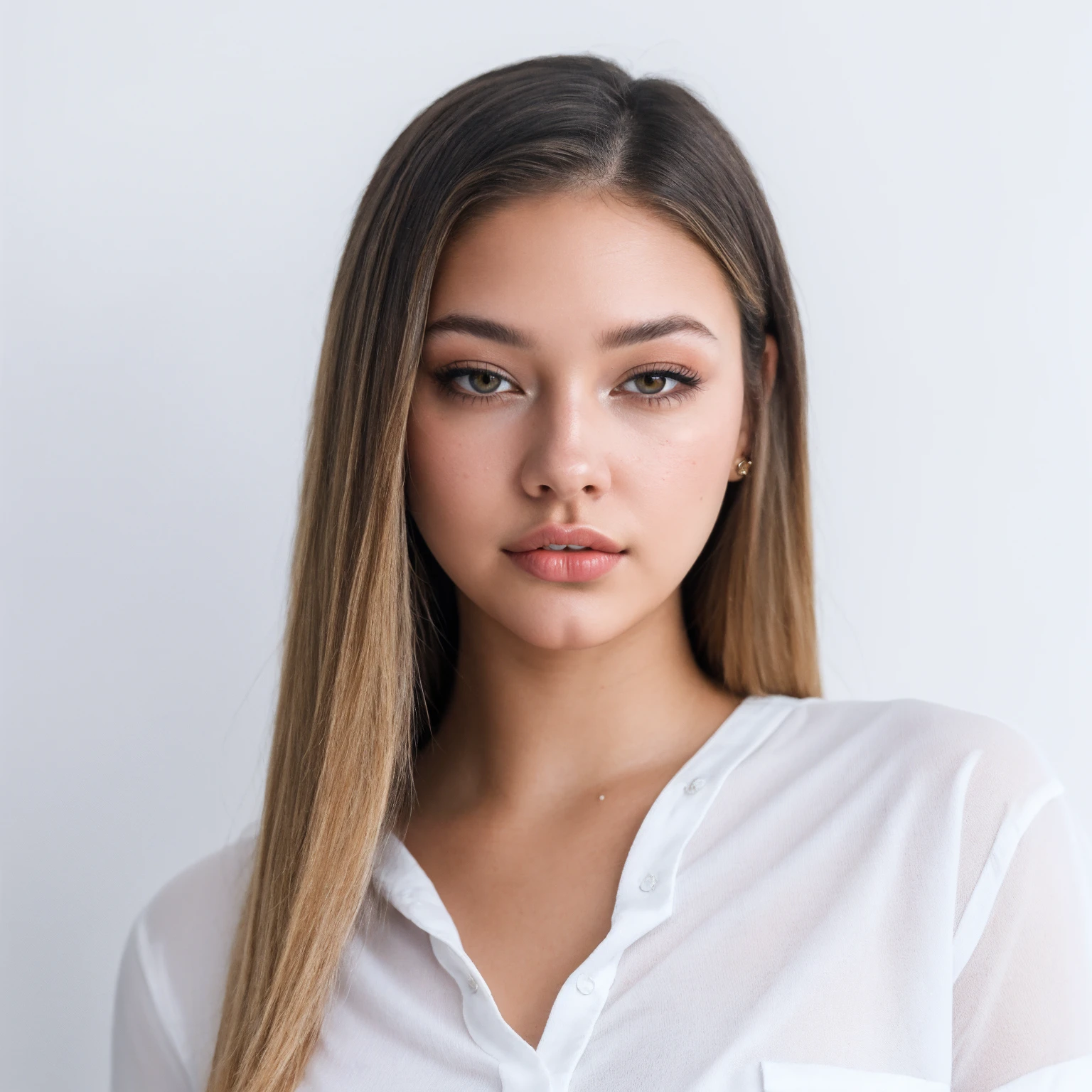 masterpiece, best quality, young woman ohwxmc, in white shirt, portrait, looking at viewer, simple background <lora:Madelyn Cline:1>