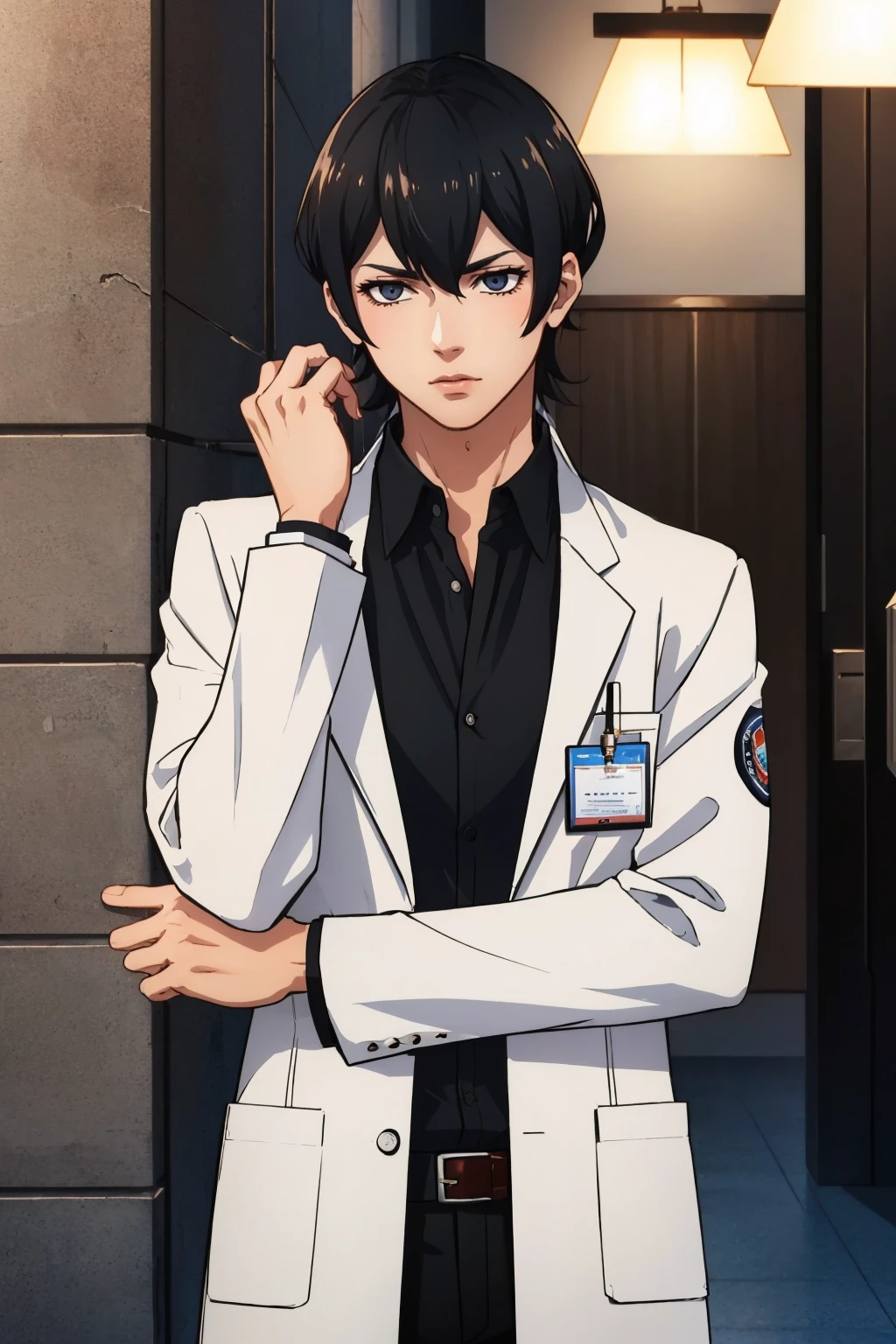 masterpiece, best quality
<lora:zs_Sheffield:1> sheffielddds, black shirt, labcoat, pants