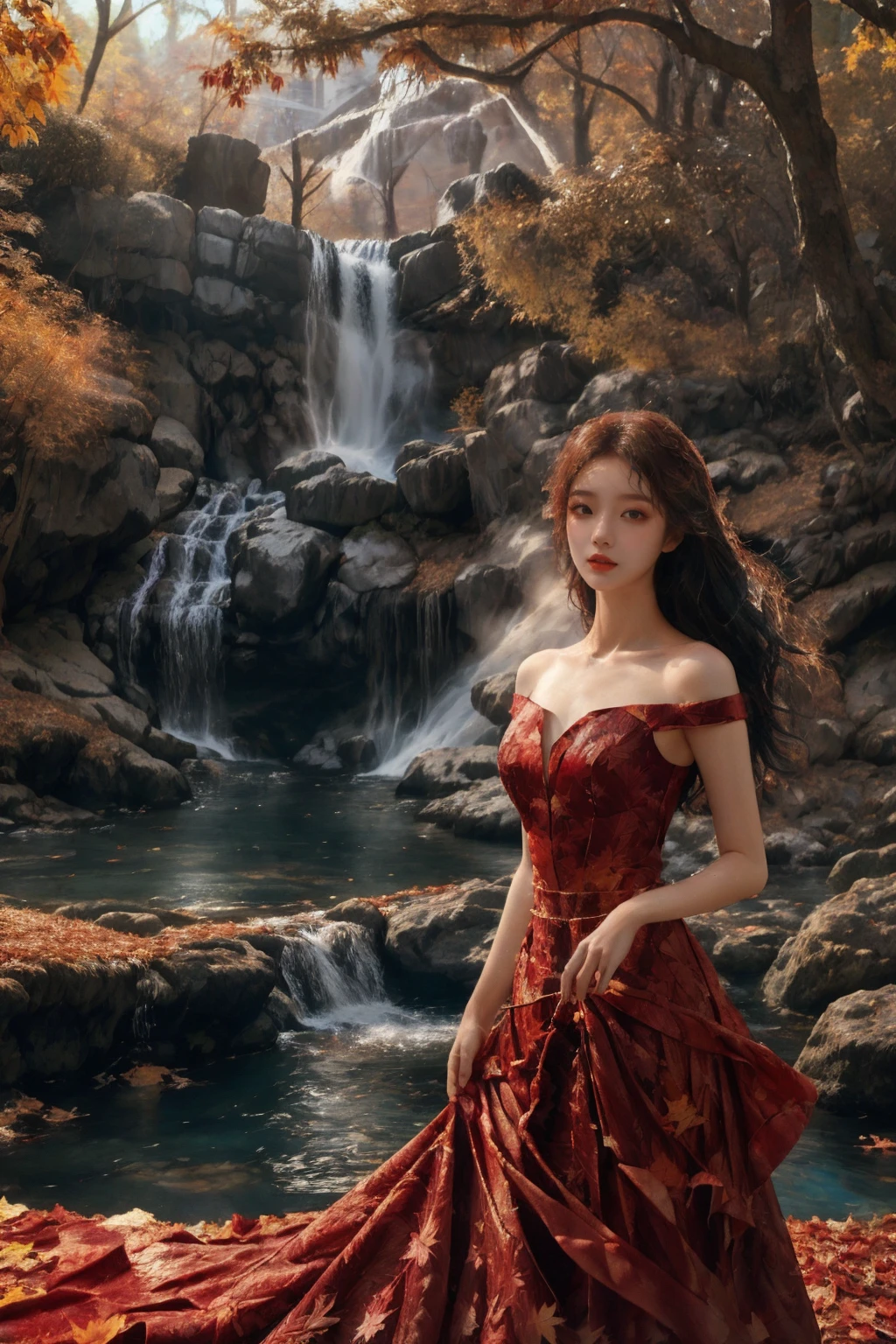 (fashion magazine cover:1.2),(full-size photograph:1.2),(a beautiful and delicate girl:1.2),gorgeous formal attire,(fashion design:1.1),a tender and watery gaze,elegant,
(waterfall:1.1),((Dadaism)),(smoky:1.1),ð,warm and delicate sunshine,<lora:maple leafðå¶è½ç°å¢_v1.0:0.8>,