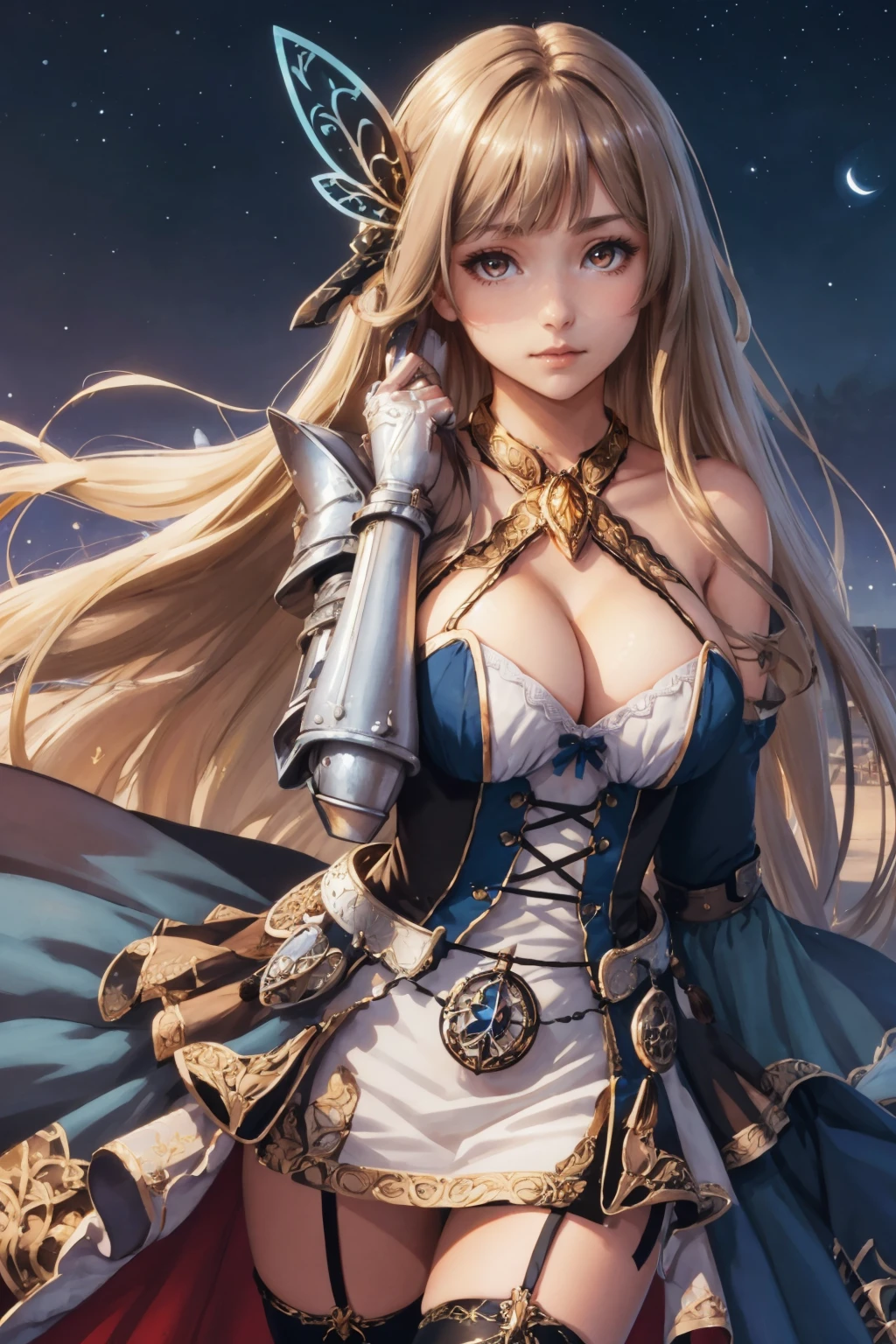masterpiece, best quality, <lora:aigistram-nvwls-v1-000010:0.8> aigisTram, brown eyes, hair ornament, halterneck, cleavage, blue dress, detached sleeves, single gauntlet, black thighhighs, large breasts, victorian architecture, night sky, night, looking at viewer, from above, standing