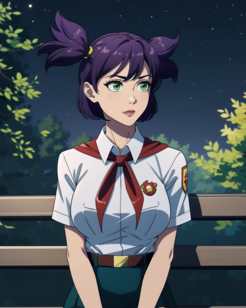 masterpiece, high quality, 1girl, bllena, medium shot, upper body, green eyes, purple hair, twintails, white shirt, red badge on shirt, red bow-tied neckerchief, leather belt, blue skirt, yellow hairpin, (dynamic pose), outdoors, park, bench, sitting, night, stars, <lora:bllena-000006:0.75>, <lora:add_detail:0.5>