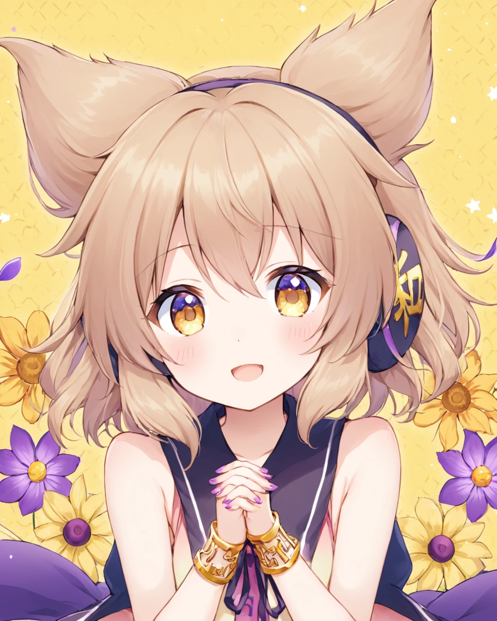 toyosatomimi no miko,1girl, solo, bracelet, earmuffs, open_mouth, blush, upper_body, looking_at_viewer, nail_polish, bare_shoulders, adapted_costume, sleeveless, yellow_flower, fingernails, simple_background, floral_background, purple_flower, :d, pink_flower, purple_nails, armlet, hands_up, ribbon
<lora:toyosatomimi_no_miko_image4798_2023-12-20-000009:1>,star-shaped_pupils,symbol-shaped_pupils,. gorgeous,key visual, vibrant, studio anime,award-winning, professional, highly detailed,high budget, cinemascope