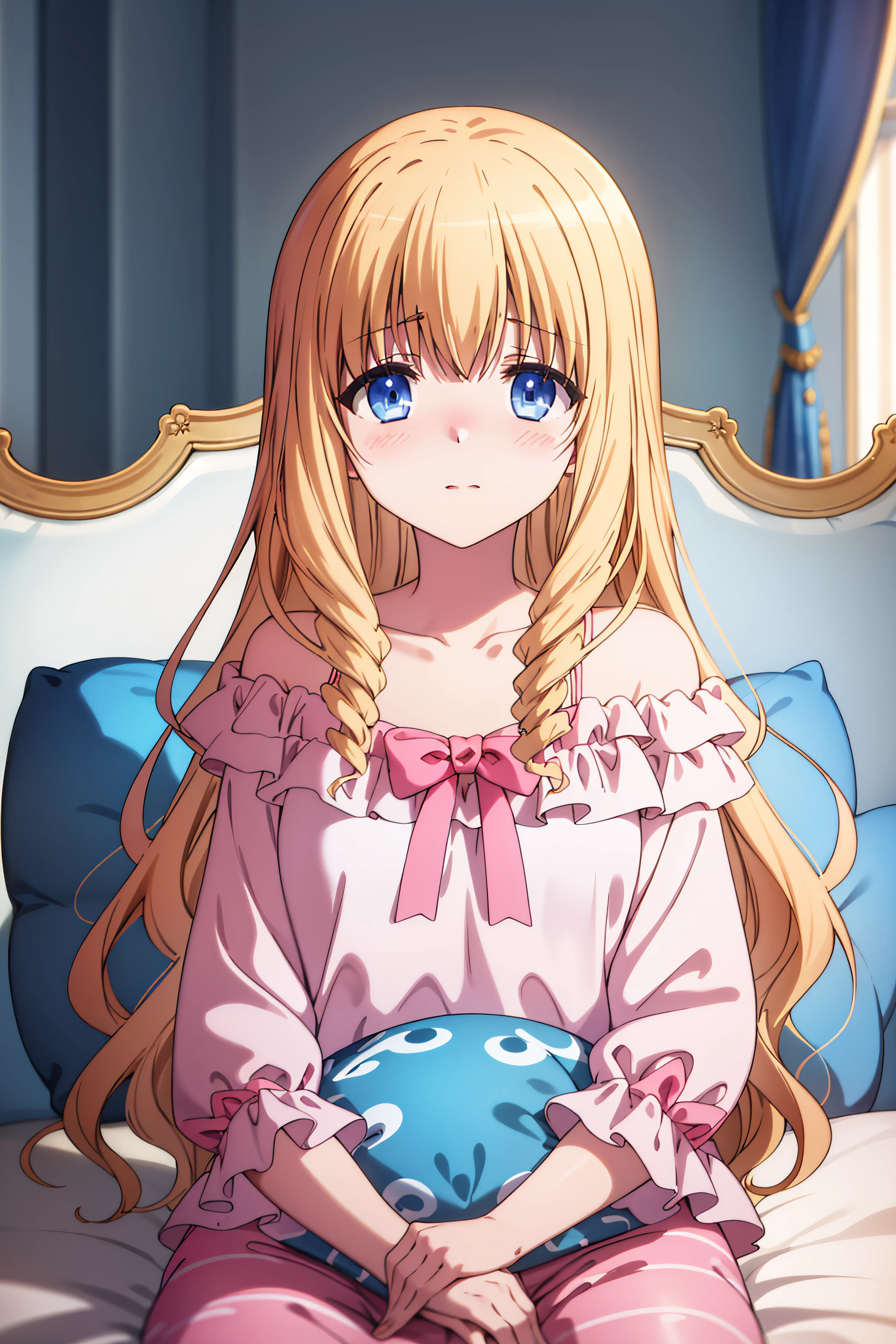 best quality, masterpiece, detailed,
<lora:AmagiBrilliantPark_LatifaFleuranza:0.7>, LatifaFleuranza,
solo, blush,
blonde hair, blue eyes, very long hair,
LatifaPajama, pajamas, pink pants,
sitting, looking at the viewer, full body,
indoors, bed, pillow
