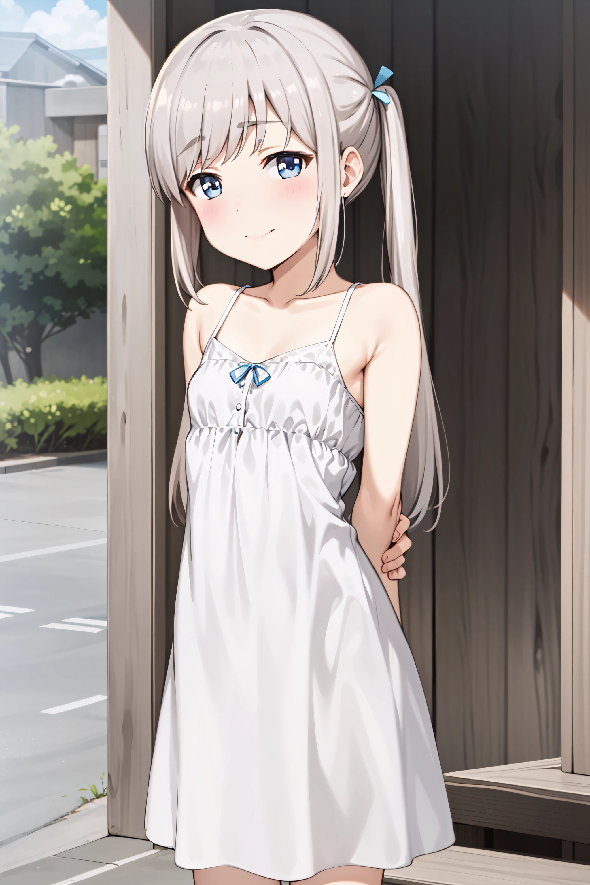 best quality, masterpiece, detailed,
<lora:chara_ShoujoRamune_Komako_v1:0.9>, komako,
solo, blush, light smile,
grey hair, blue eyes, long hair, twintails,
white dress,
standing, head tilt, arms behind back, looking at the viewer,
outdoors