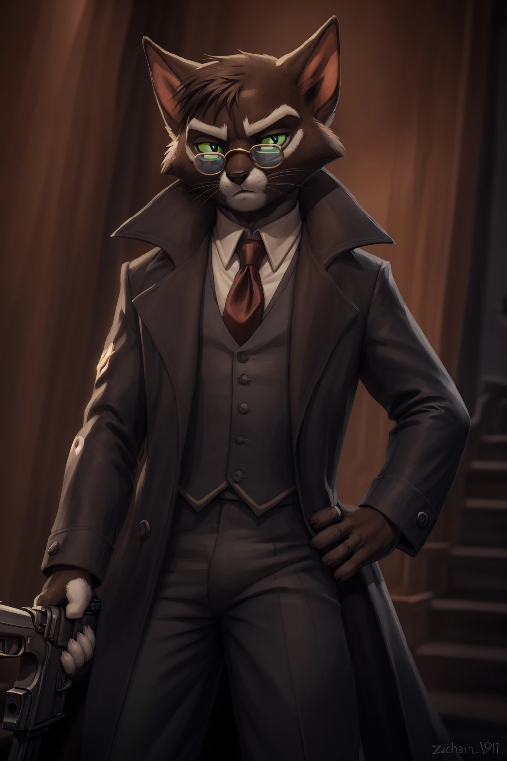 <lora:mordecai-09:0.9>, mordecaiheeler, solo, green sclera, (posing:1.3), (soft shading), 4k, hi res, five fingers, detailed hands, ((detailed face, (detailed eyes, brown), detailed)), by zackarry911, by zaush, (by personalami:0.5), solo, looking at viewer, blue eyes, gloves, 1boy, holding, weapon, male focus, necktie, glasses, black gloves, holding weapon, coat, hand on hip, gun, formal, from below, sunglasses, suit, red necktie, handgun