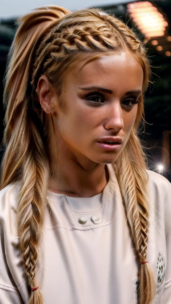 <lora:ashley_bulgari:1> a portrait of (ashley_bulgari:1),
medium_breasts, perfect_female_anatomy,
(blonde_hair:1.4), medium_hair, (high_ponytail:1.4) with (antenna_bangs:1.4) and (braid:1.4), embodying bravery, thinking about fight,
distant photograph, ultra feminine face, angelic lighting, epic pose, thinking about victory,
wearing (soccer_uniform:1.4),
(football stadium and football field:1.2), (bokeh),
(ultra realistic, photorealistic, cinematic photography, rule of thirds),
<lora:more_details:0.7><lora:detailed_eye:1>
