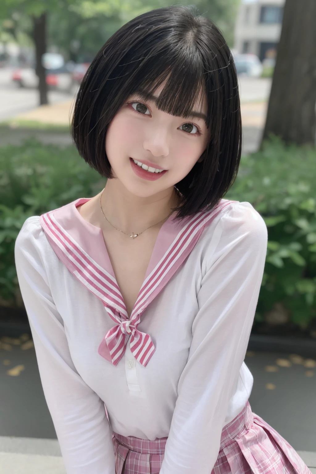 <lora:HinanoV01:1>, 1girl, short hair, bob cut, bangs, small breasts, smile, light blush, best quality, masterpiece, illustration, realistic, photo-realistic, amazing, finely detail, incredibly absurdres, huge filesize, ultra-detailed, highres, extremely detailed CG unity 8k wallpaper, upper body,head tilt, sailor_shirt,pleated_skirt,bowtie, hair behind ear,
