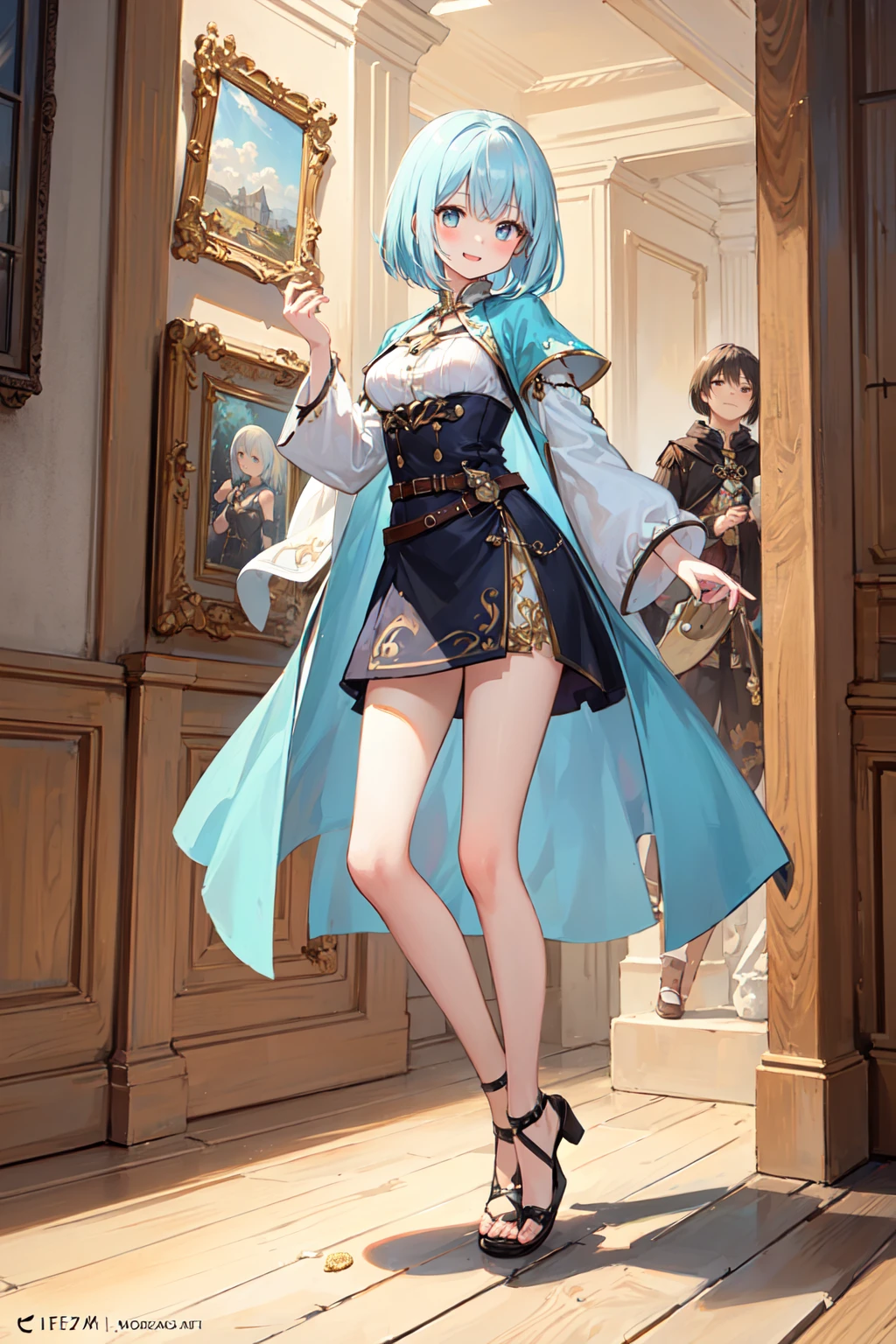 amazing intricate, cute girl, round eyes, medium breasts,
happy, light blue hair, legs over head, in an art gallery,
(looking away:1.2),
medium hair, bob cut,
(bangs:1.2),
,
,
,
,
,
(fantasy folk costume:1.6),
from front,
full body,