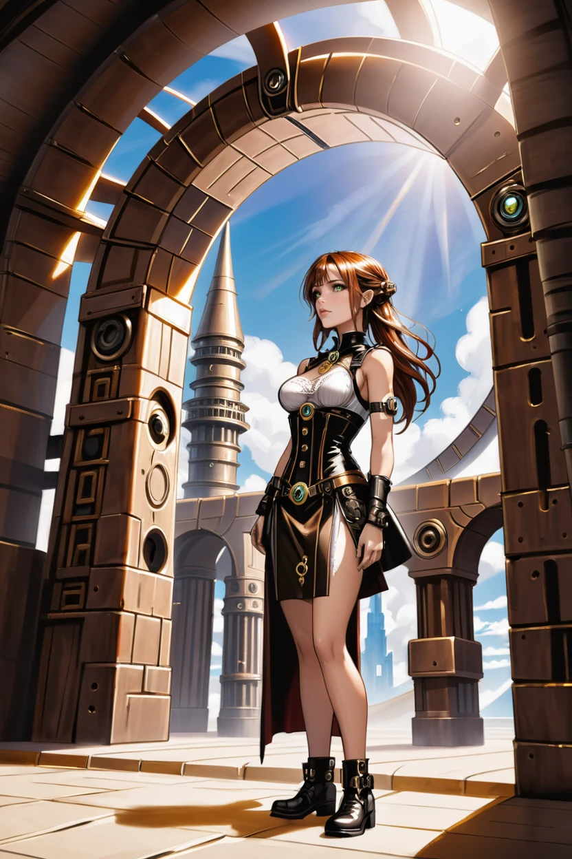 steampunk, <lora:EnvySendNoodzXL01:-0.5>1girl, woman, beautiful, noon, architecture, "at the Preternatural Stargate"<lora:EnvyBetterHiresFixXL01:0:hr=1><lora:EnvyNeolithicXL01:1>