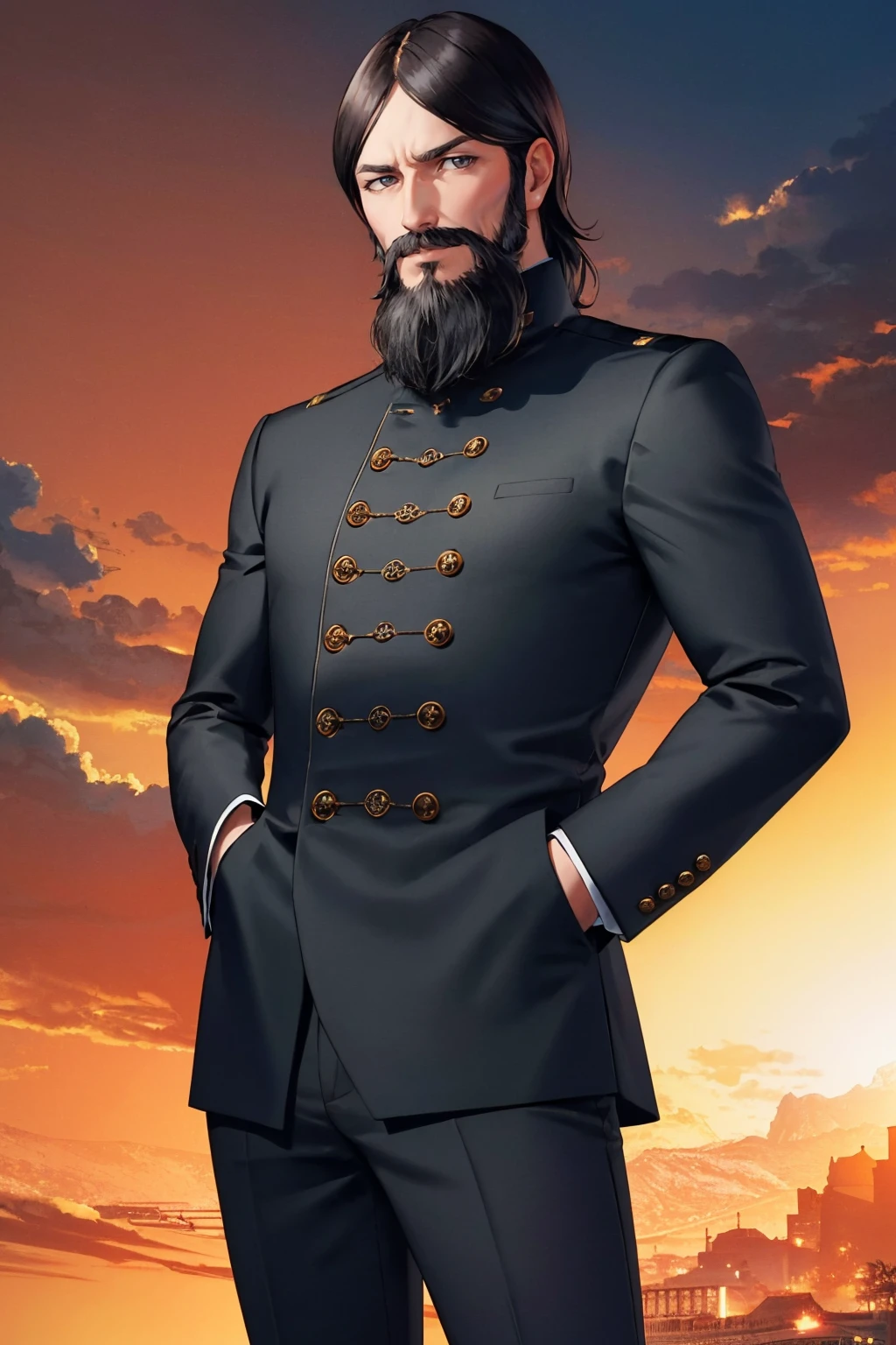 masterpiece, best quality, 1boy, hands in pockets
<lora:zs_Rasputin:1> rasputindsrk, beard, mustache, gakuran, long sleeves, pants,