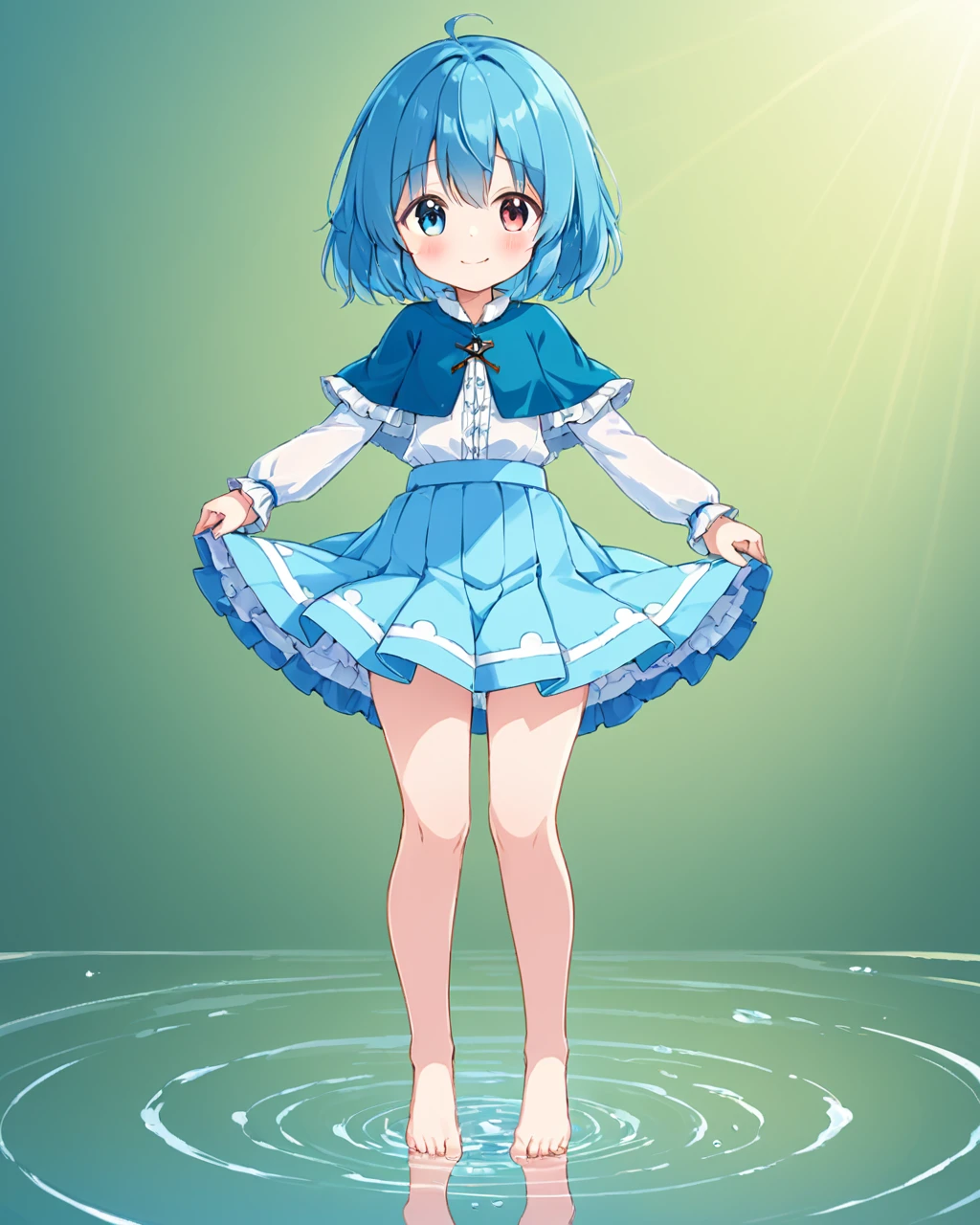 tatara kogasa,1girl, blue_capelet, solo, heterochromia, barefoot, blue_skirt, long_sleeves, white_shirt, frilled_capelet, reflection, white_panties, full_body, looking_at_viewer, pleated_skirt, closed_mouth, standing_on_liquid, blush, smile, pantyshot
<lora:tatara_kogasa_image6022_2023-12-20-000007:1>,star-shaped_pupils,symbol-shaped_pupils,. gorgeous,key visual, vibrant, studio anime,award-winning, professional, highly detailed,high budget, cinemascope