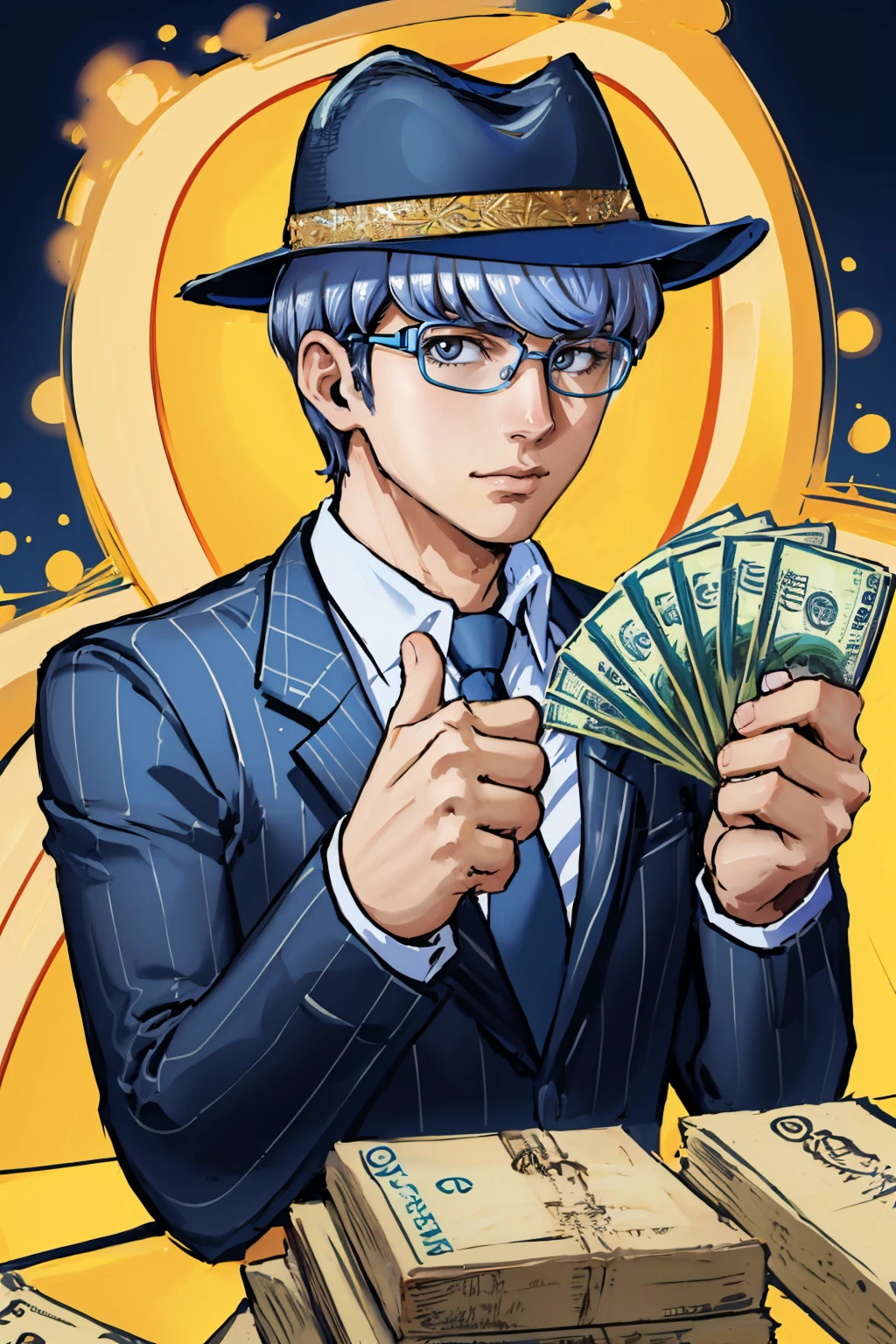 (masterpiece, best quality:1.2), <lora:gangstersb:.85>, gangstersb, 1boy, solo, looking at viewer, upper body, money, holding, holding money, thumbs up, hat, suit, jewelry, necktie, <lora:persona4_narukami:0.85> narukami yu, glasses