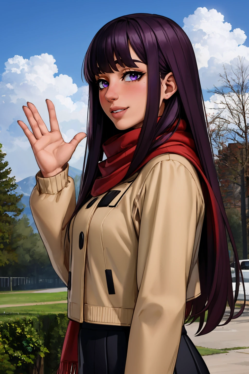(masterpiece, best quality:1.2), <lora:shelter:1>, shelter, 1girl, solo, scarf, purple eyes, long hair, purple hair, smile, looking at viewer, brown scarf, enpera, bangs, upper body, blunt bangs, from side, long sleeves, blush, waving