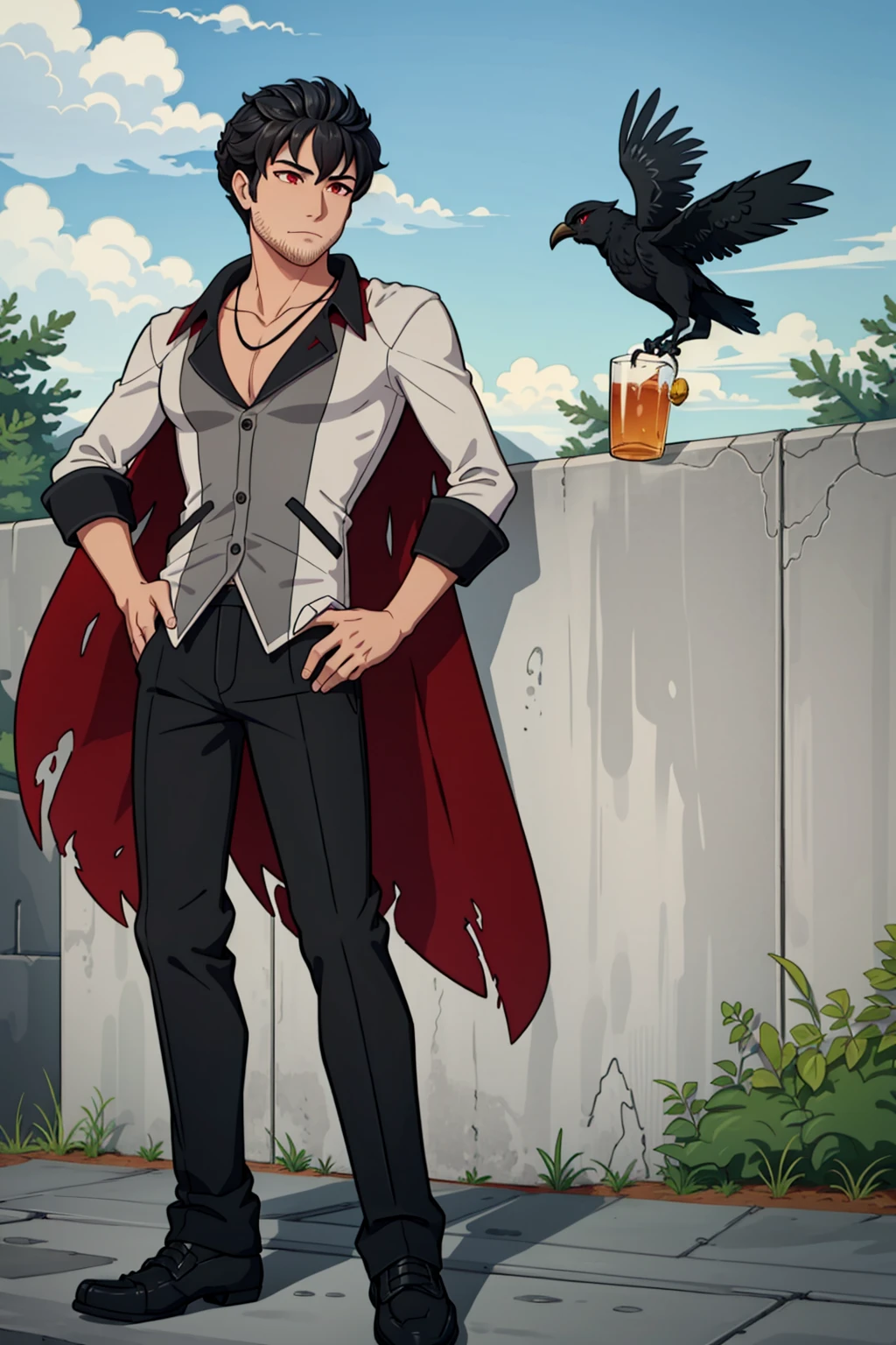 masterpiece,best quality,extremely detailed,(solo), mature male, <lora:RWBYQrow-05:0.8>,strqrow,(qrow branwen), red eyes, black hair,cape, shirt, vest, pants, stubble, full body, outdoors, shoes, feathers,crow, drinking alcohol,