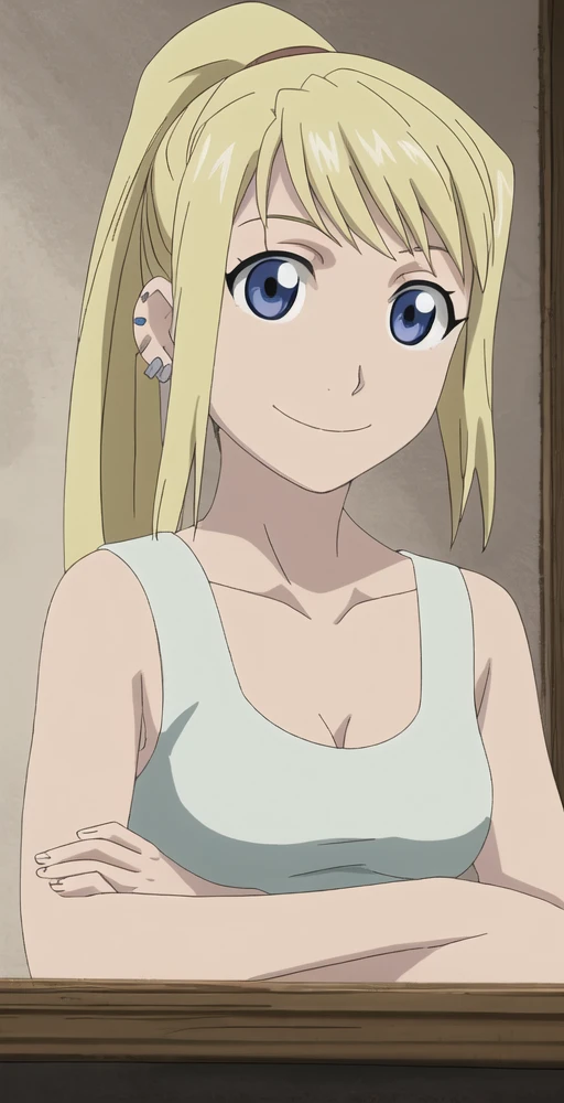 WR, 1girl, solo, upper body, portrait, ponytail, smile, medium breasts, tank top, piercings, perfect quality, good quality, masterpiece, HDR, UHD <lora:Winry Rockbell:0.8>