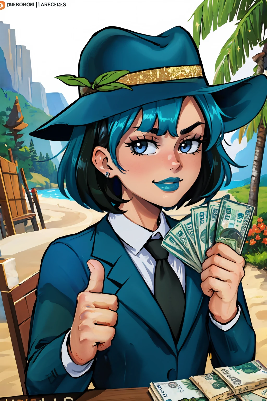 (masterpiece, best quality:1.2), <lora:gangstersb:.85>, gangstersb, 1girl, solo, looking at viewer, upper body, money, holding, holding money, thumbs up, hat, suit, jewelry, necktie, <lora:gwentd:0.85> gwentd, makeup, bangs, outdoors,