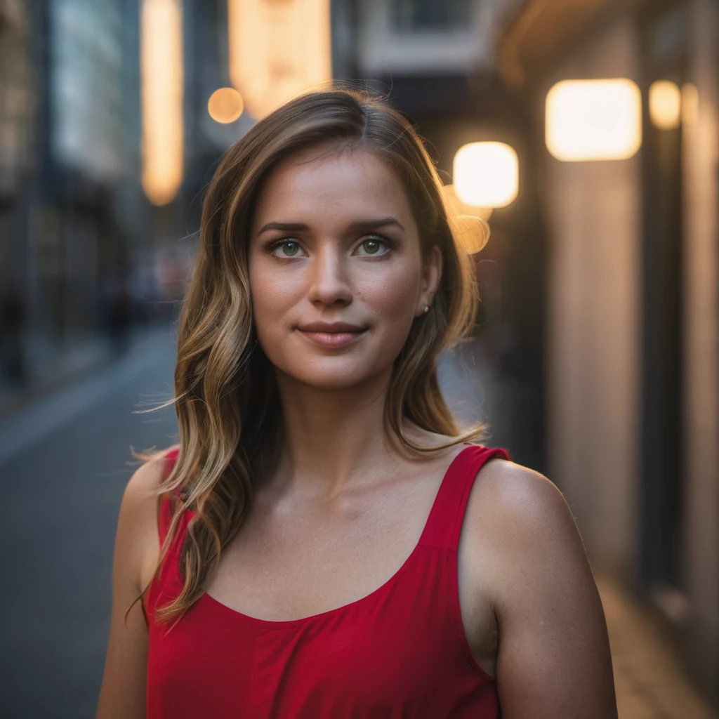Closeup professional portrait photo of a woman wearing a red dress, f /1.8, Canon, 85mm,cinematic, high quality, skin texture, looking at the camera, <lora:elilail_xl_1_standard-000053:1.1>
