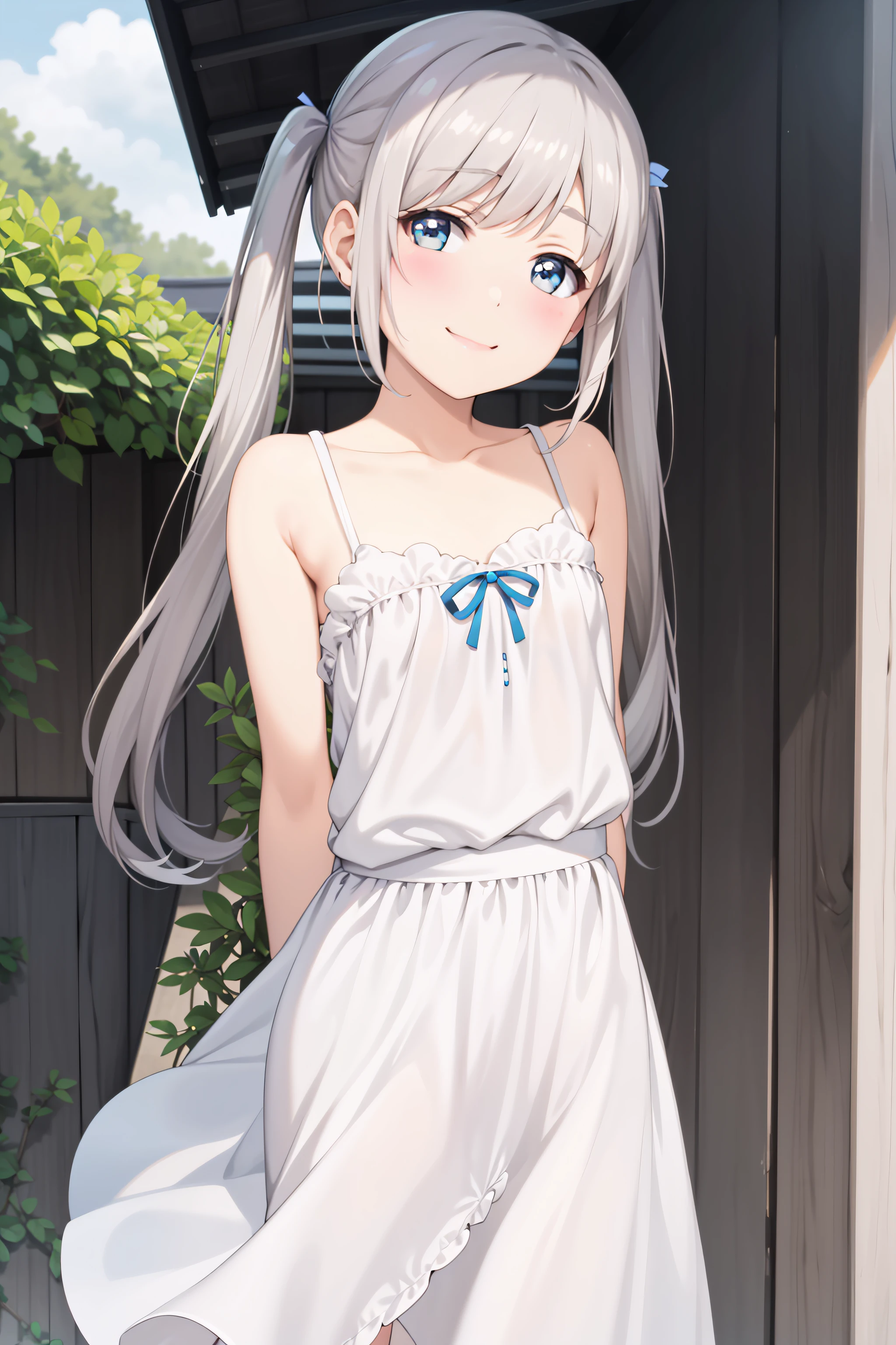 best quality, masterpiece, detailed,
<lora:chara_ShoujoRamune_Komako_v1:0.9>, komako,
solo, blush, light smile,
grey hair, blue eyes, long hair, twintails,
white dress,
standing, head tilt, arms behind back, looking at the viewer,
outdoors