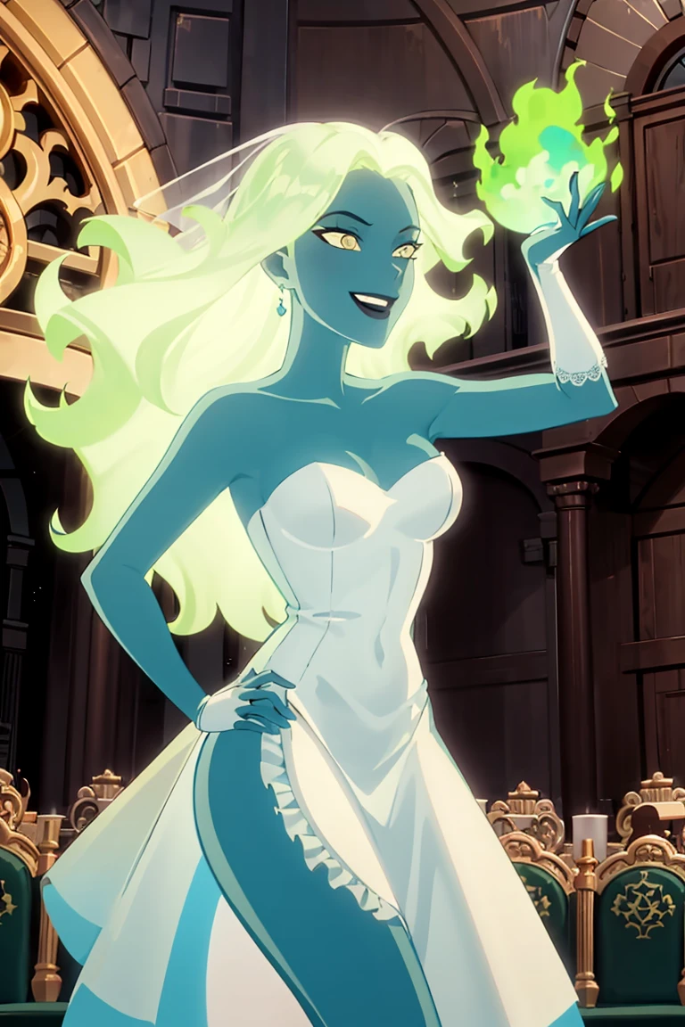 ((masterpiece,best quality)), absurdres, <lora:Fire_Lit_DC_Anime:0.8>, Fire_Lit_DC, on fire, green fire, green skin, smile, bride, wedding dress, bridal veil, strapless dress, elbow gloves,