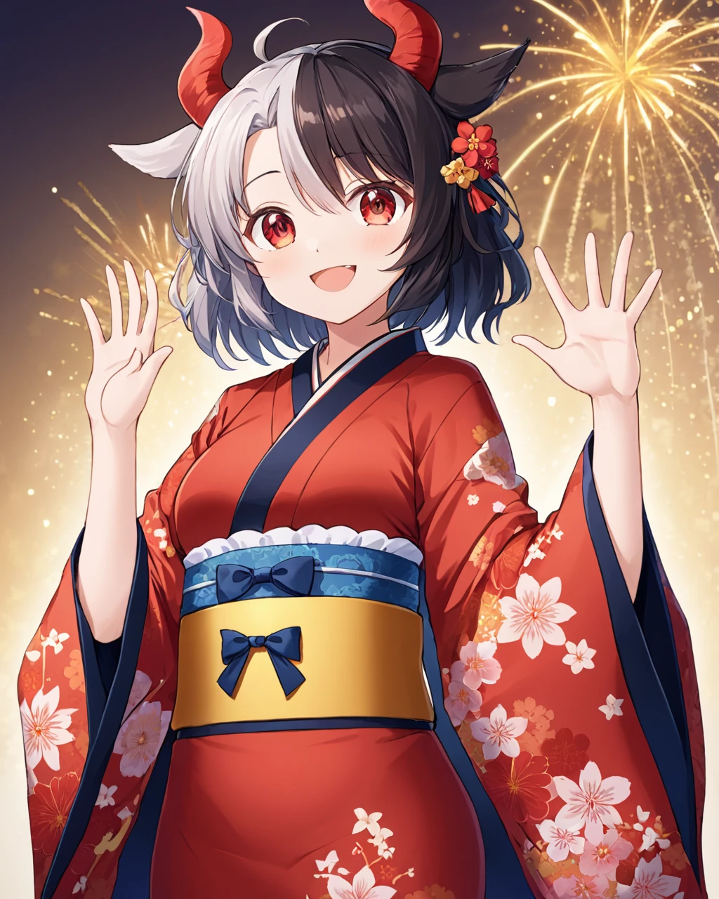 ushizaki urumi,1girl, solo, cow_horns, red_horns, open_mouth, long_sleeves, wide_sleeves, smile, 2021, looking_at_viewer, floral_print, red_kimono, obi, year_of_the_ox, new_year, upper_teeth_only, hair_flower, red_tail, hand_up, cow_tail, alternate_costume, print_kimono, standing, happy_new_year, cowboy_shot, waving, red_flower
<lora:ushizaki_urumi_image858_2023-12-20-000015:1>,star-shaped_pupils,symbol-shaped_pupils,. gorgeous,key visual, vibrant, studio anime,award-winning, professional, highly detailed,high budget, cinemascope