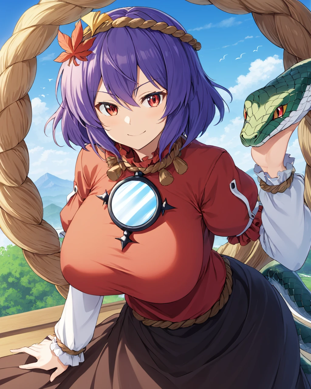 yasaka kanako,1girl, mirror, black_skirt, red_shirt, looking_at_viewer, large_breasts, leaf_hair_ornament, long_skirt, snake, shimenawa, solo, puffy_sleeves, closed_mouth, smile, hand_on_own_chin, short_over_long_sleeves
<lora:yasaka_kanako_image2545_2023-12-20-000010:1>,star-shaped_pupils,symbol-shaped_pupils,. gorgeous,key visual, vibrant, studio anime,award-winning, professional, highly detailed,high budget, cinemascope