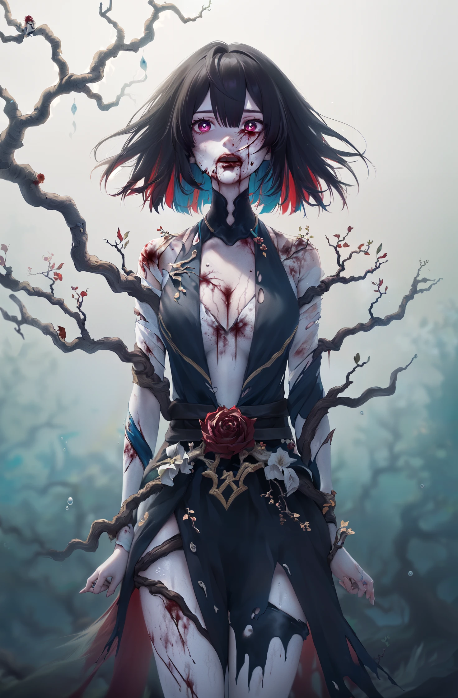 8k, best quality, masterpiece, (ultra-detailed:1.1), (high detailed skin), solo, solo focus, horror (theme), full body,
<lora:æ¯æ1:1.1:lbw=MIDD>, (torn clothes,blood on body, blood on face, pale skin, painful face,A girl is struggling in pain:1.3), 1 girl, looking at viewer, This picture depicts a surrealistic image of a woman blending with natural elements. woman floating at the bottom of the sea, (Deep water, water, underwater:1.4), (her hair gradually turning into branches and twigs of a tree:1.2), (her body and hair gradually turning into branches and twigs of a tree:1.4),
<lora:xueyi-yz-v100:0.8:lbw=OUTALL>, xueyi, 1girl, short hair, black hair, multicolored hair, jewelry, colored inner hair, thighhighs, multicolored eyes, red hair, white thighhighs,
death following me,
------,
Low saturation, grand masterpiece, Perfect composition, film light, light art