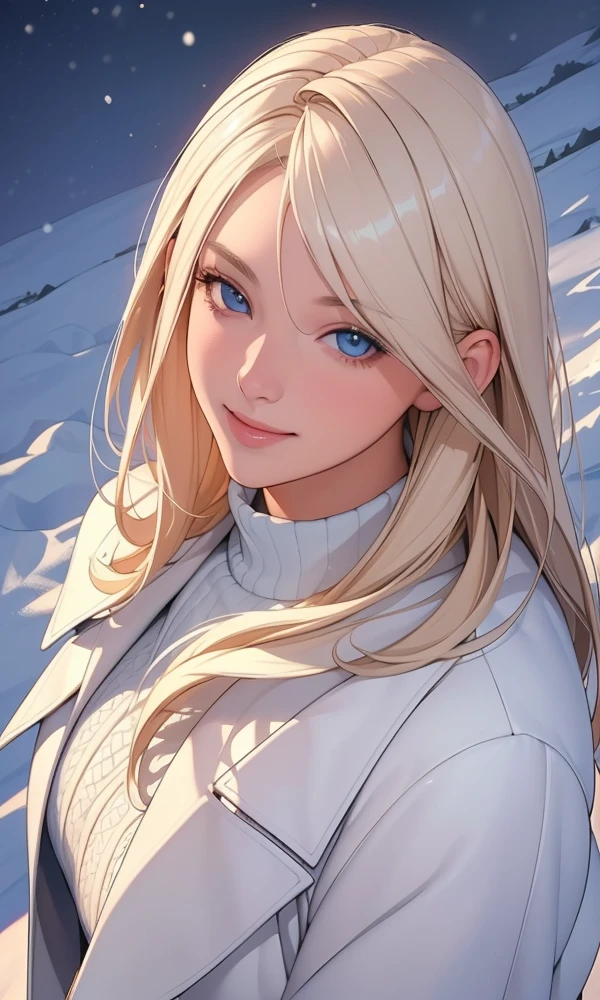 (masterpiece), (best quality), 1girl, (perfect face:1.2), (beautiful face:1.2), platinum blonde hair, (from above, upper body:1.3), happy, light smile, looking at viewer, pose, 
winter coat, outdoors, winter, snow, night time, intricate, depth of field, cinematic lighting,