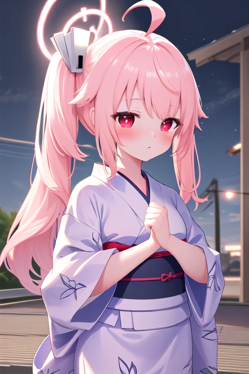 best quality, masterpiece, highres, solo, {yukata:1.40}, {kimono:1.20}, {youniaonatsu:1.15}, halo, pink_hair, long_hair, side_ponytail, ahoge, red_eyes, blush, bangs, serafuku, hair_ornament