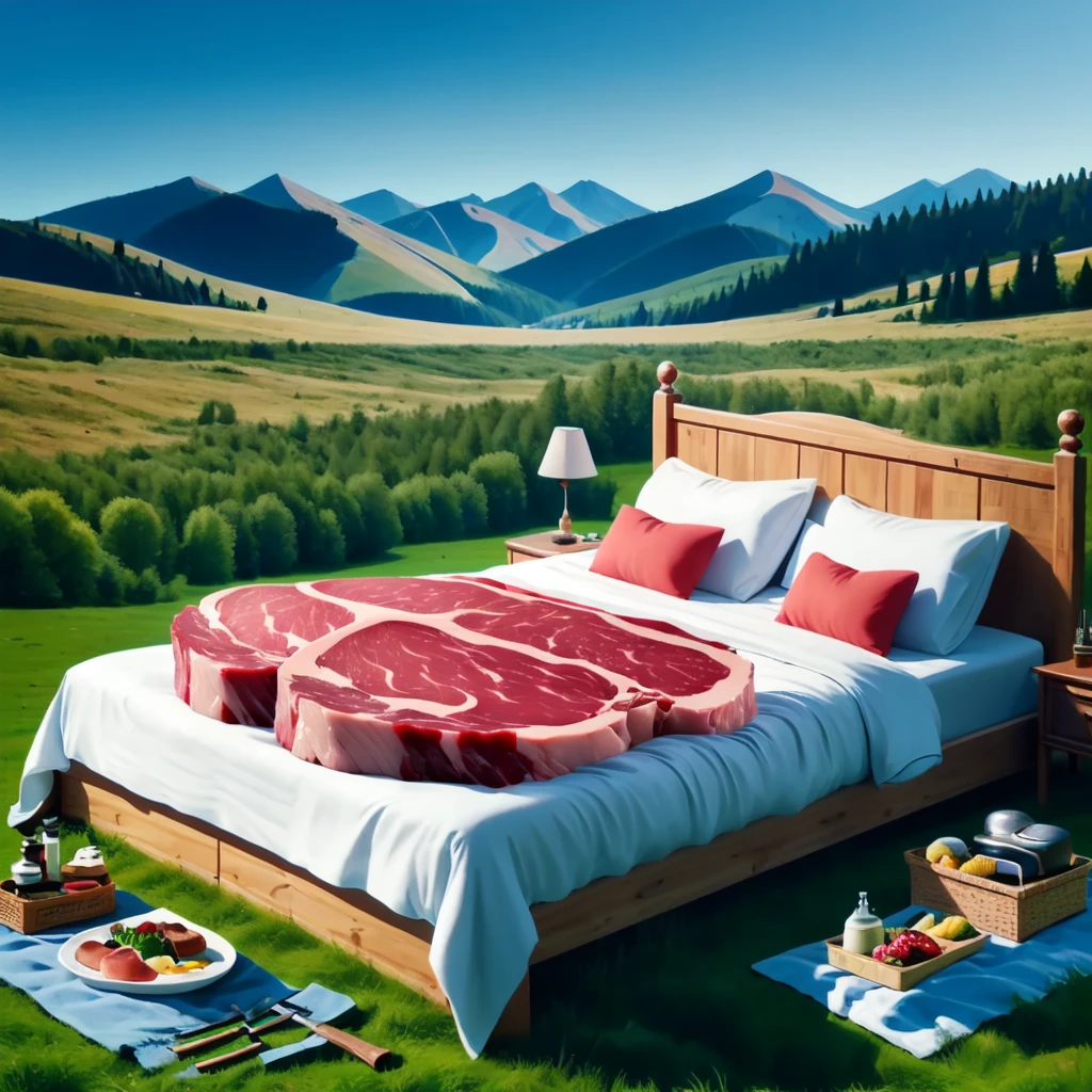 <lora:steak_v1:0.5>,weapon, outdoors, food, sky, day, blue sky, pillow, no humans, on bed, mountain, field, bedroom, meat, landscape, mountainous horizon, still life, picnic, tools, HLSWB