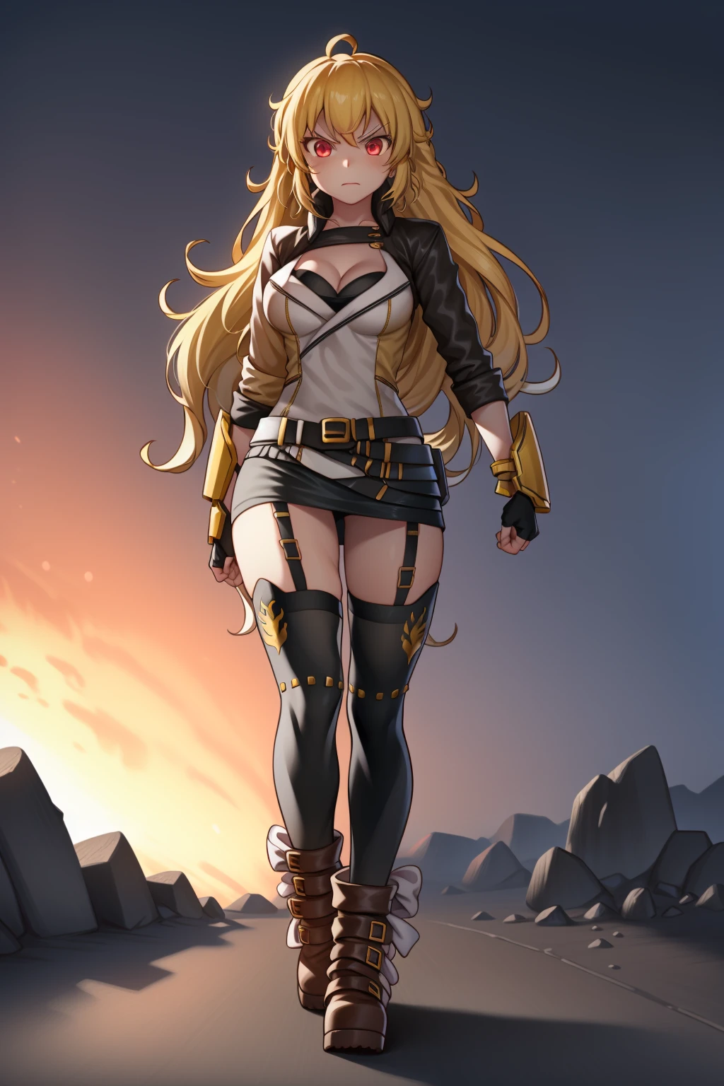 masterpiece,best quality,CG,wallpaper,HDR,high quality,high-definition,extremely detailed,(1girl), Yang Xiao Long, red eyes, absurdly long hair, large breasts, <lora:YangHunter-05:1>, (yanghntr), jacket, thighhighs, garter straps, ahoge, belt, boots, black skirt, night, angry, gauntlets, <lora:gloweyes_v100:1.2> glowing eyes, walking