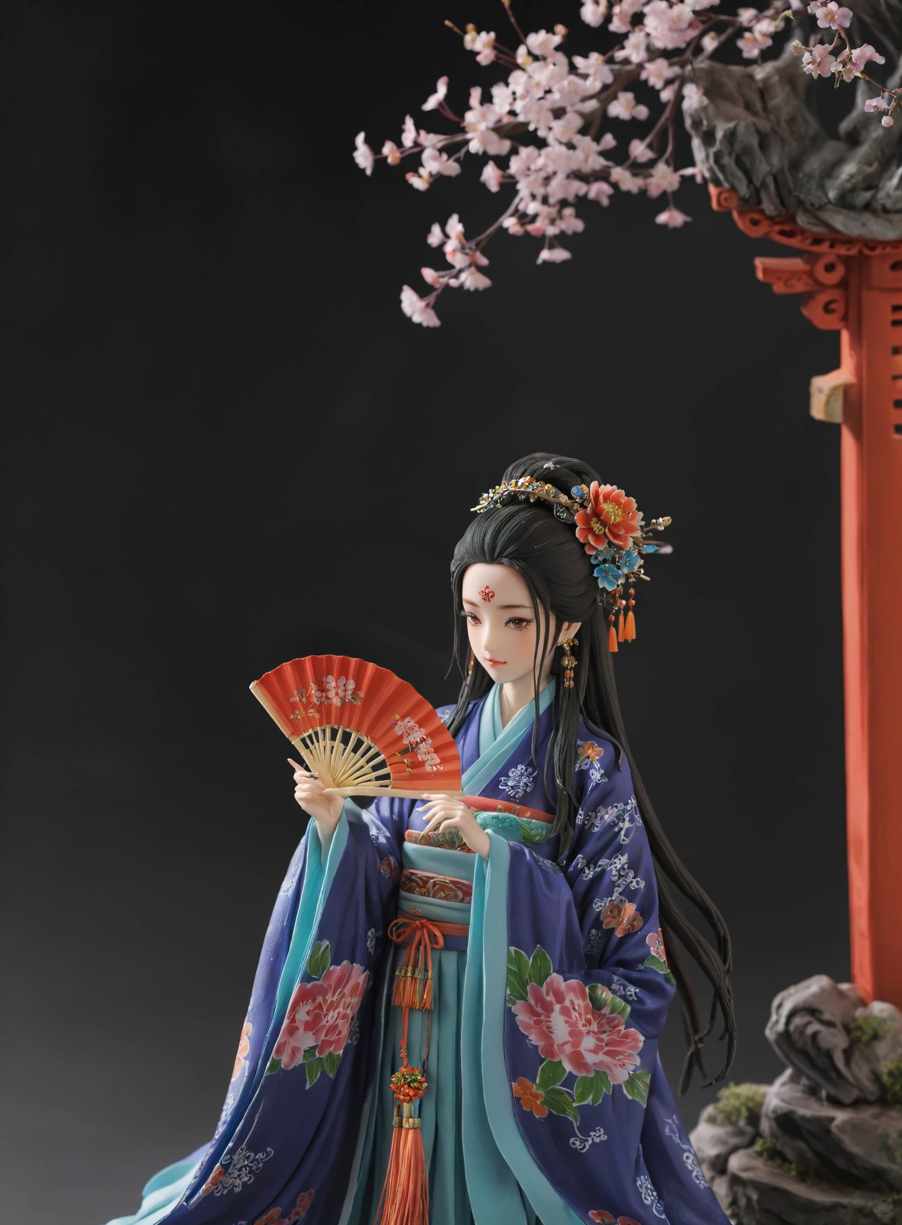Architectural style masterpiece, intricate detail, highly detailed, great textures, 8k, high detail, masterpiece, <lora:fantang_SDXL_v1_loha-000020:0.75>,fantang\(ttp\), a figurine of a woman in a dress, 1girl, solo, black background, dress, hanfu, black hair, wide sleeves, standing, long sleeves, full body, long hair, chinese clothes, closed eyes, hair ornament, jewelry, simple background, shawl, closed mouth, flower, plant, earrings, statue,
