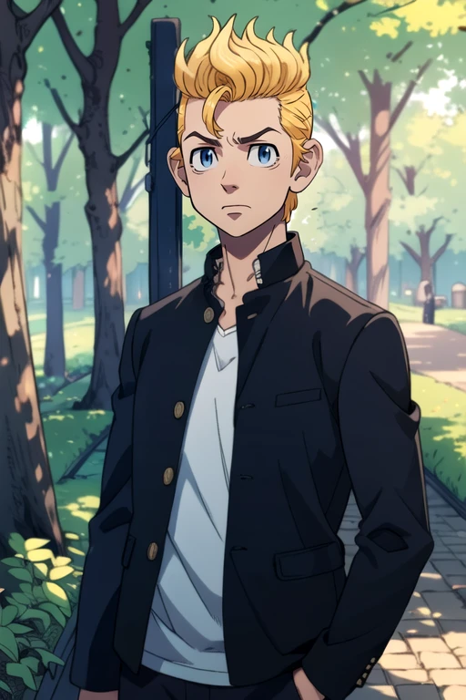 photorealistic, (4k), depth of field, (Masterpiece), (realistic skin texture), extremely detailed, intricate, hyper detailed, high resolution, professional photography, bokeh, depth of field, sharp detail, best quality, looking at viewer, 1boy, solo, male focus, <lora:takemichi_hanagaki:0.9>, takemichi_hanagaki, blonde hair, blue eyes, faux hawk, gakuran, jacket, vandal costume, An enchanted forest where magical creatures and plants abound,