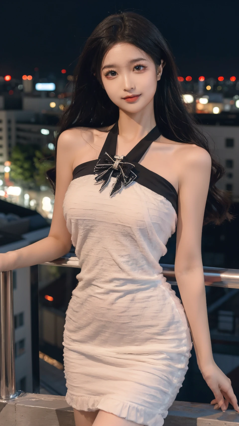 best quality,HDR,UHD,8K,Vivid Colors,solo,photo_(medium),pov,cute & girly,(night:1.4),(looking at viewer:1.5),tokyo \(city\),rooftop,standing,hand on own chest,<lora:momo:0.4>,<lora:rc42:0.8>, rc,
