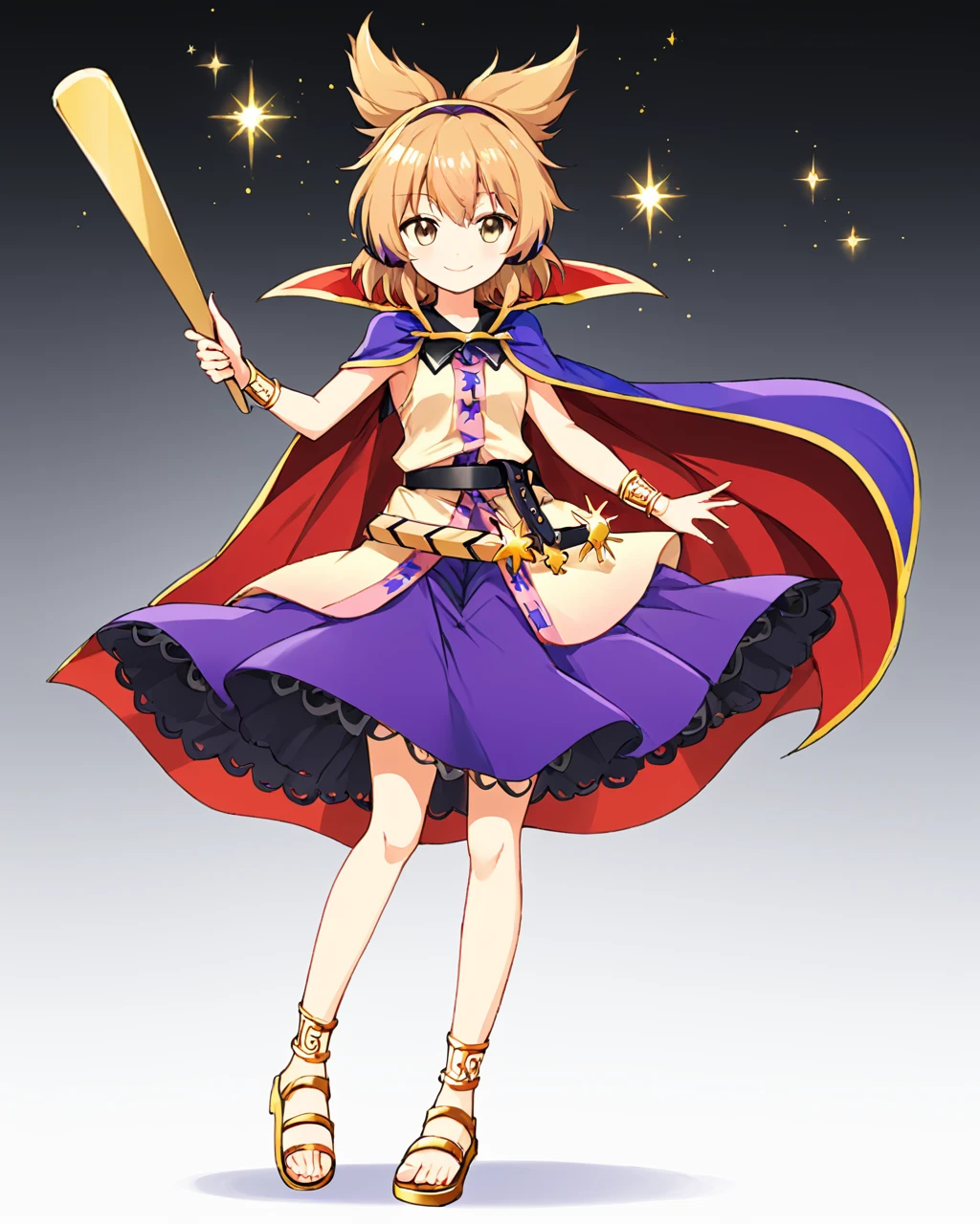 toyosatomimi no miko,1girl, solo, smile, purple_skirt, earmuffs, white_background, bracelet, simple_background, full_body, closed_mouth, looking_at_viewer, holding, sleeveless_shirt, blouse, belt, ritual_baton, sword, sparkle, purple_cape, blush, sandals, anklet, standing_on_one_leg, sheath, gold
<lora:toyosatomimi_no_miko_image4798_2023-12-20-000009:1>,star-shaped_pupils,symbol-shaped_pupils,. gorgeous,key visual, vibrant, studio anime,award-winning, professional, highly detailed,high budget, cinemascope