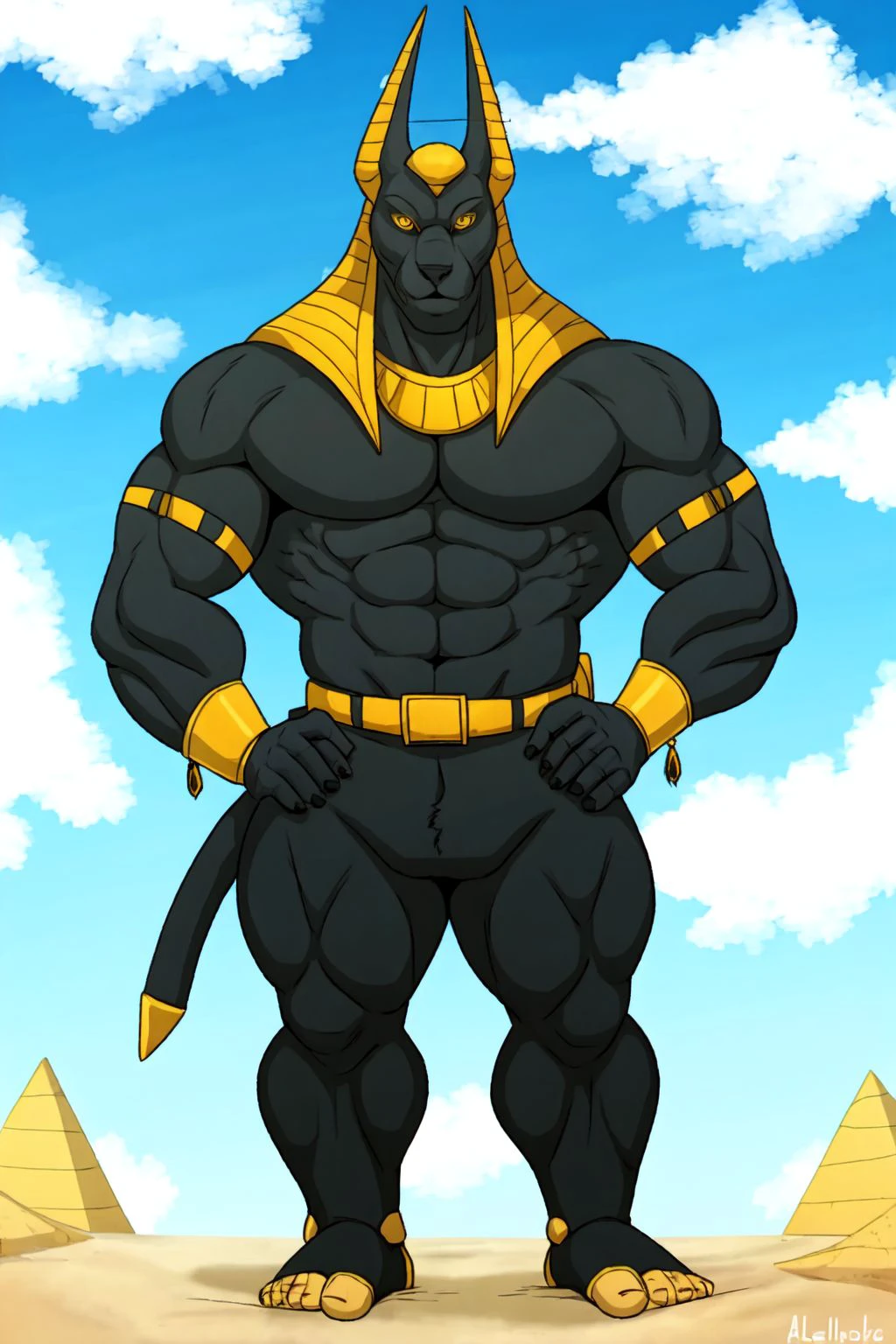 ((masterpiece)), uploaded on e621, best quality, 1boy, solo,  (anubis, golden eyes, tail, egypt, muscle, shoe sandals, hips cloth), standing, face focus, (detailed background, 4k, 2k, cinematic, movie, ultra hd), ([:by Sandra Chevrier, by Katsushika Hokusai, by Lawyerdog, by Alphonse Mucha:0.25]), day, sand,   <lora:DariusV1.3:0.7>