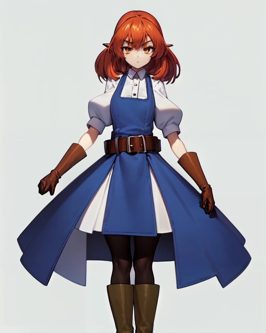 <lyco:Vamiro-NAI-LyCORIS-768px:0.8>
vmro, solo, 1girl, gloves, boots, belt, pantyhose, white background, white dress, blue apron, simple background, full body, brown footwear, brown gloves, knee boots, puffy sleeves, standing, black legwear, thighhighs, looking at viewer, puffy short sleeves