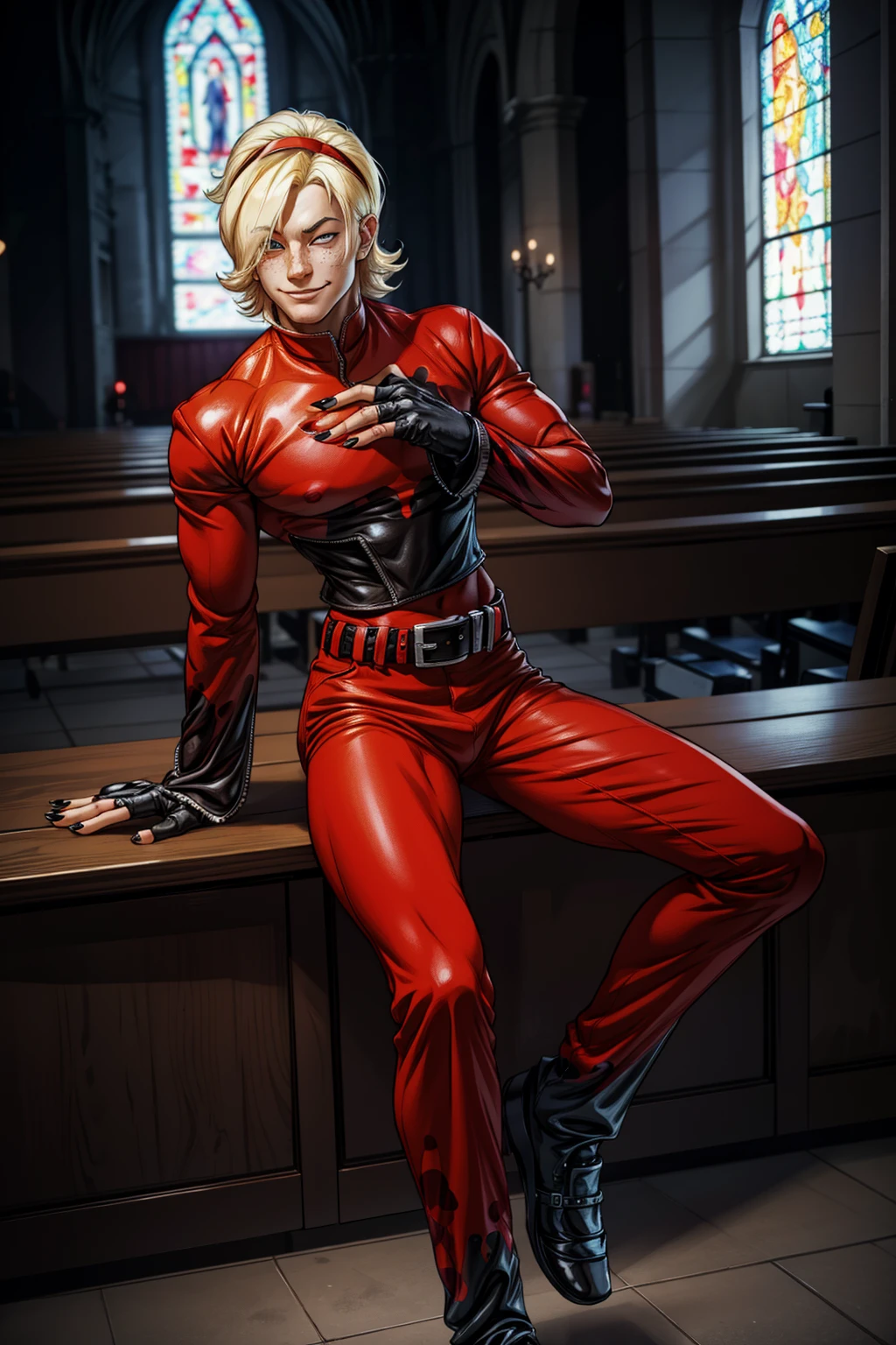 (masterpiece,  best quality:1.2),  solo,  AshCrimson,  1guy,  blonde hair,  ((hair band)),  red jacket,  freckles, red bodysuit,  hair covering eye, red pants,  belt,  fingerless gloves,  nail polish,  full body,  medium shot,  at the church,  sitting,  smirk:1.2,  masterpiece,  perfect face,  perfect picture,  detailed eyes,  sharp focus, High detailed view, High detailed,<lora:EMS-79-EMS:0.400000>,<lora:EMS-253809-EMS:1.000000>