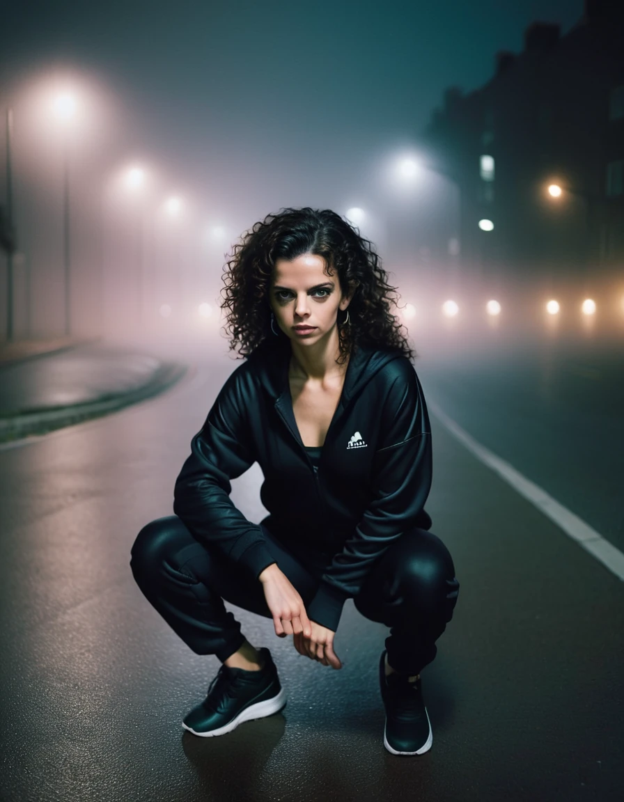 an analog distant photograph with soft lighting, captured by kristin-lee moolman; it is showcased a french, grown-up, and athletic ((lindaxl4)), having a dark-haired curls hairstyle and a cute face; wearing a feminine black long tracksuit; squatting amidst a street at a misty night with dense fog.