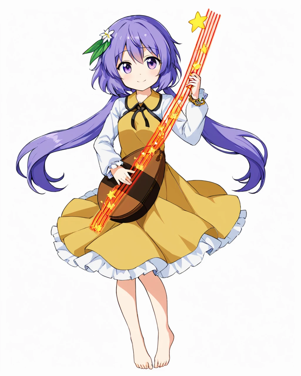 tsukumo benben,1girl, lute_\(instrument\), one_eye_closed, barefoot, dress, solo, biwa_lute, hair_flower, smile, twintails, long_sleeves, chain, white_background, simple_background, looking_at_viewer, feet, full_body, music, eighth_note
<lora:tsukumo_benben_image916_2023-12-20-000015:1>,star-shaped_pupils,symbol-shaped_pupils,. gorgeous,key visual, vibrant, studio anime,award-winning, professional, highly detailed,high budget, cinemascope