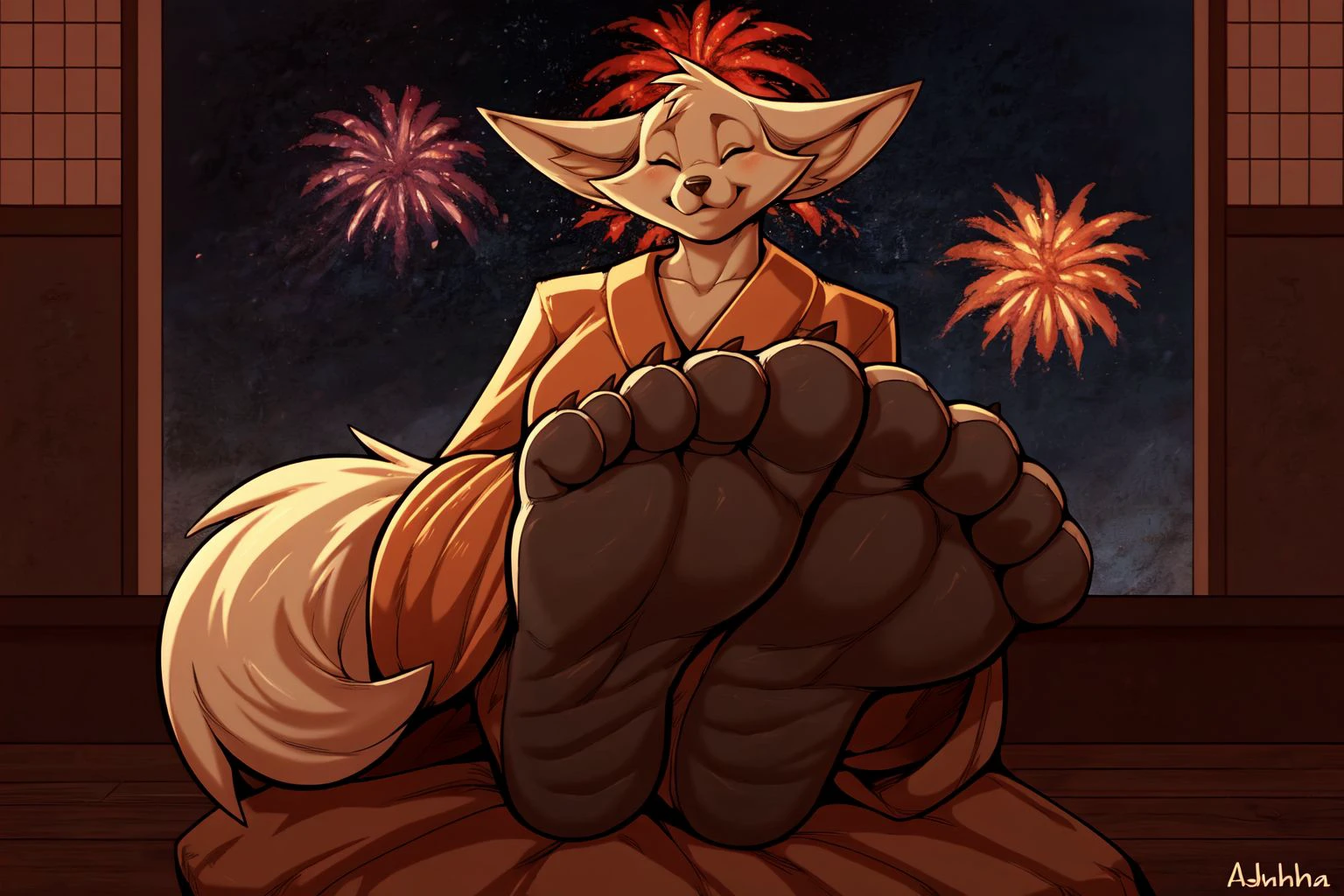 ((masterpiece)), uploaded on e621, best quality, 1girl, solo,  (fox kitsune, anthro, close eyes, tail, foot focus, giant humanoid very beautiful feet, 5 toes, black soles), sitting on the chair, face focus, japanese clothing, (japan, detailed background, 4k, 2k, cinematic, movie, ultra hd, anime, manga), ([:by Sandra Chevrier, by Katsushika Hokusai, by Lawyerdog, by Alphonse Mucha:0.25]), (night, dark, New Year's Eve, many fireworks in the sky:1.3, outside, 2024 years, happy, celebrated, dance)   <lora:KimotaV1.2:0.7>