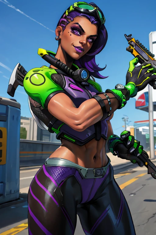 masterpiece,best quality,extreme detail,8k,image sharpness,<lora:sombra-10:0.8>, sombra2,1girl,solo,looking at viewer,smile,gloves,navel,holding,jewelry,purple eyes,weapon,purple hair,multicolored hair,earrings,black gloves,midriff,dark skin,holding weapon,mole,official alternate costume,dark-skinned female,lips,gun,mole under eye,makeup,lipstick,goggles,holding gun,eyeshadow,goggles on head,asymmetrical hair,nose,undercut,purple lips,