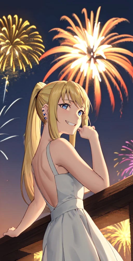WR, 1girl, solo, upper view, piercings, ponytail, summer dress, back turned, looking over shoulder, looking up, grin, fireworks exploding in sky, outside, night perfect quality, good quality, masterpiece, HDR, UHD <lora:Winry Rockbell:0.7>